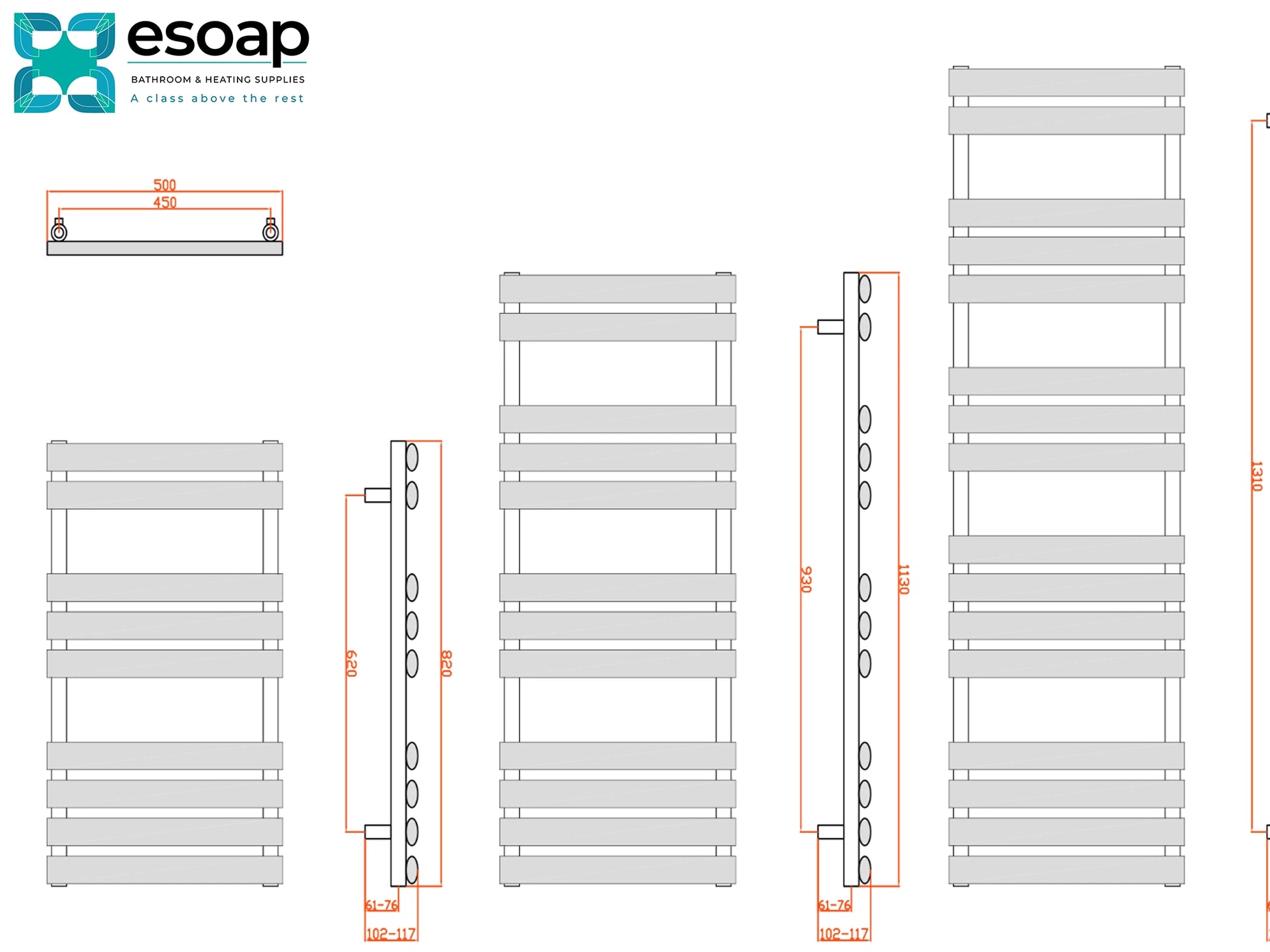 Technical arbori drawing of a radiator with dimensions and esoap branding.