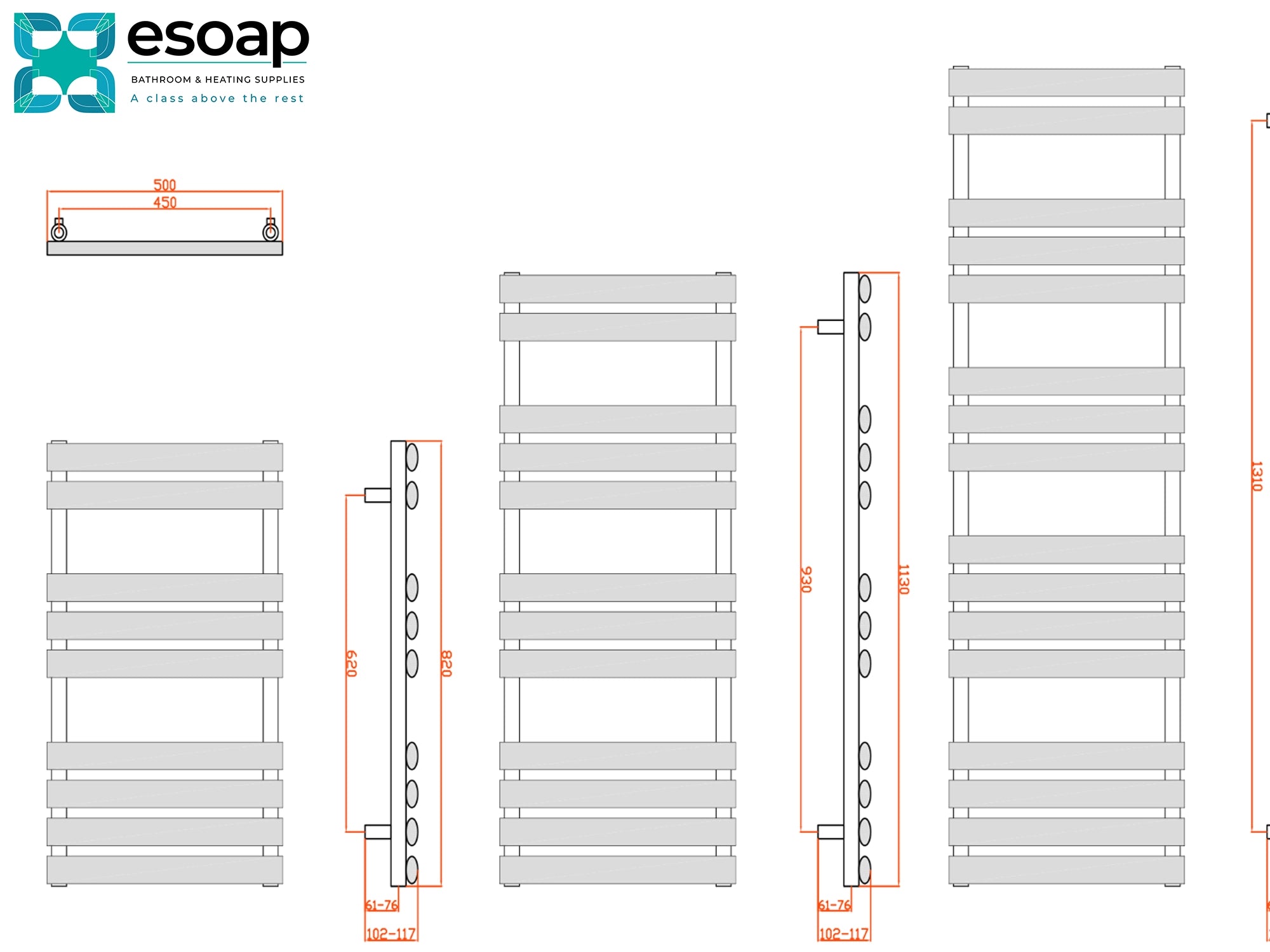 Technical arbori drawing of a radiator with dimensions and esoap branding.