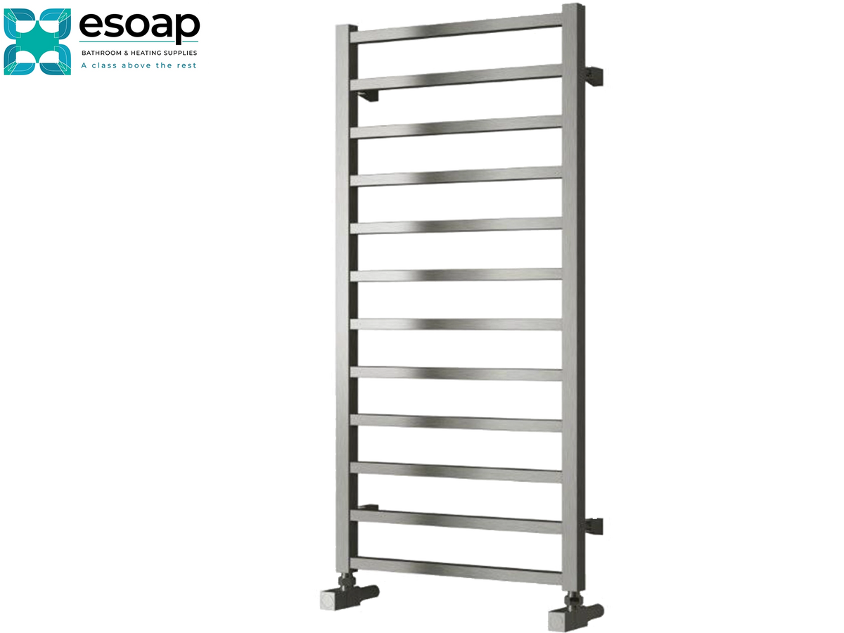 A tall stainless steel heated towel rail with multiple horizontal bars, shown on a plain white background with the Esoap brand logo in the top-left corner. Reina Arden 1000x500 Polished Stainless Steel Designer Radiator