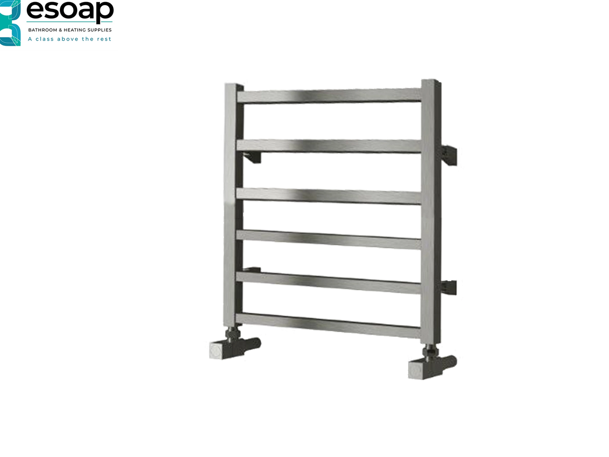 A stainless steel heated towel rail with six horizontal bars and a square base, shown on a plain white background with the Esoap logo in the top-left corner. Reina Arden 500x500 Polished Stainless Steel Designer Radiator