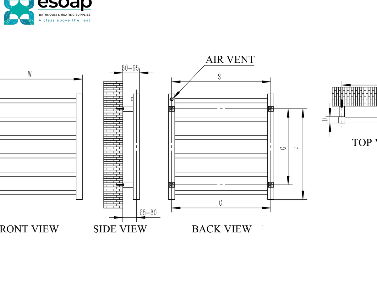 Technical dimension drawing of a radiant floor heater showing front, side, and back views with measurements, labeled with an air vent callout. The Esop Bathroom Supplies logo is visible in the top left corner. Reina Arden 1000 500 Polished Stainless Steel Designer Radiator