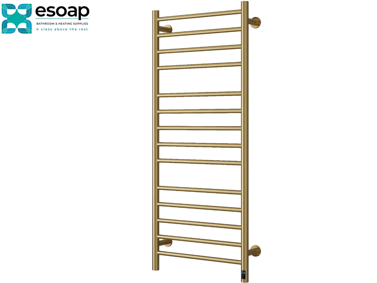 A vertical gold-finished heated towel rail with multiple horizontal bars and wall-mounted end caps, shown on a plain white background. The Esoap logo is visible in the top-left corner. Reina Arnage 1200x500 Brushed Brass Designer Radiator