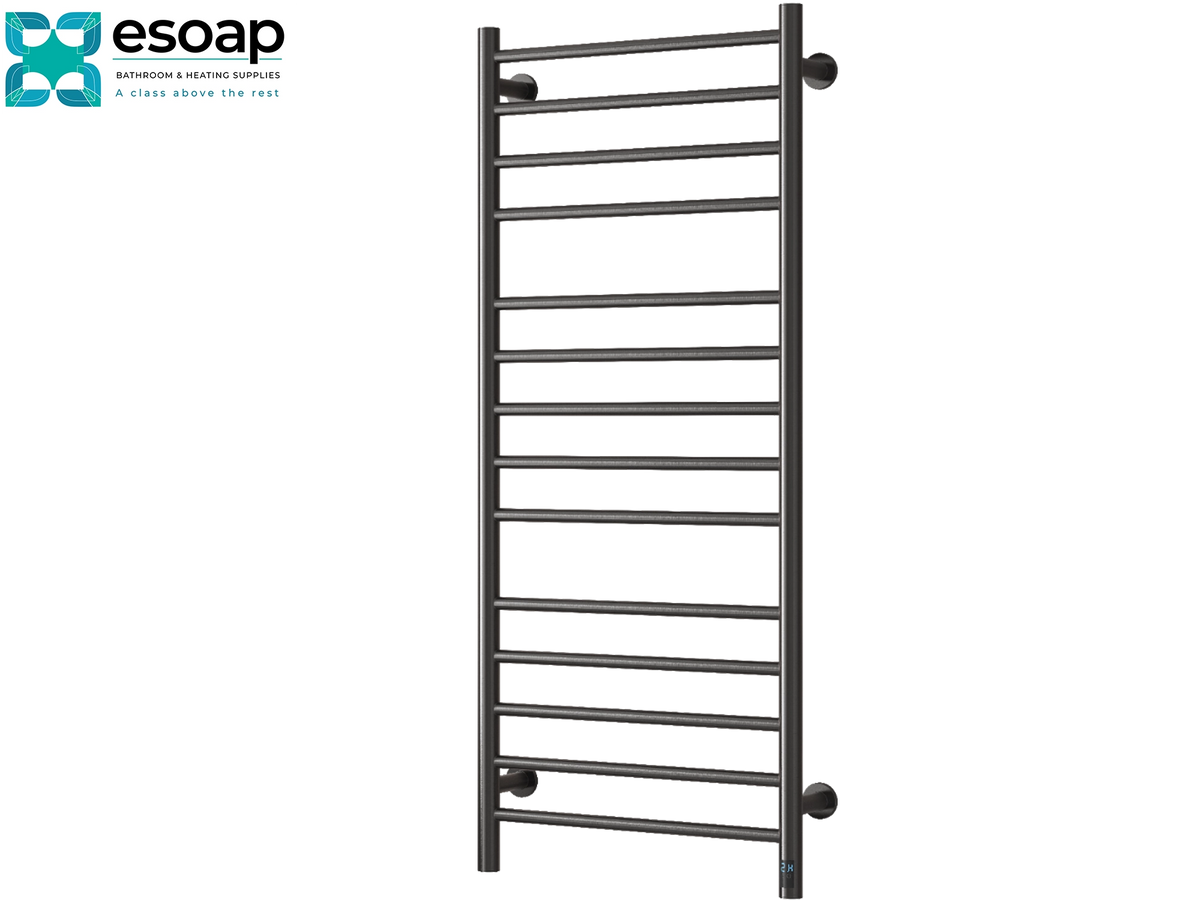 A dark charcoal gray heated towel rail with multiple horizontal bars and round wall mounts, shown on a plain white background with the Esoap brand logo in the top-left corner. Reina Arnage 1200x500 Brushed Gun Metal Designer Radiator