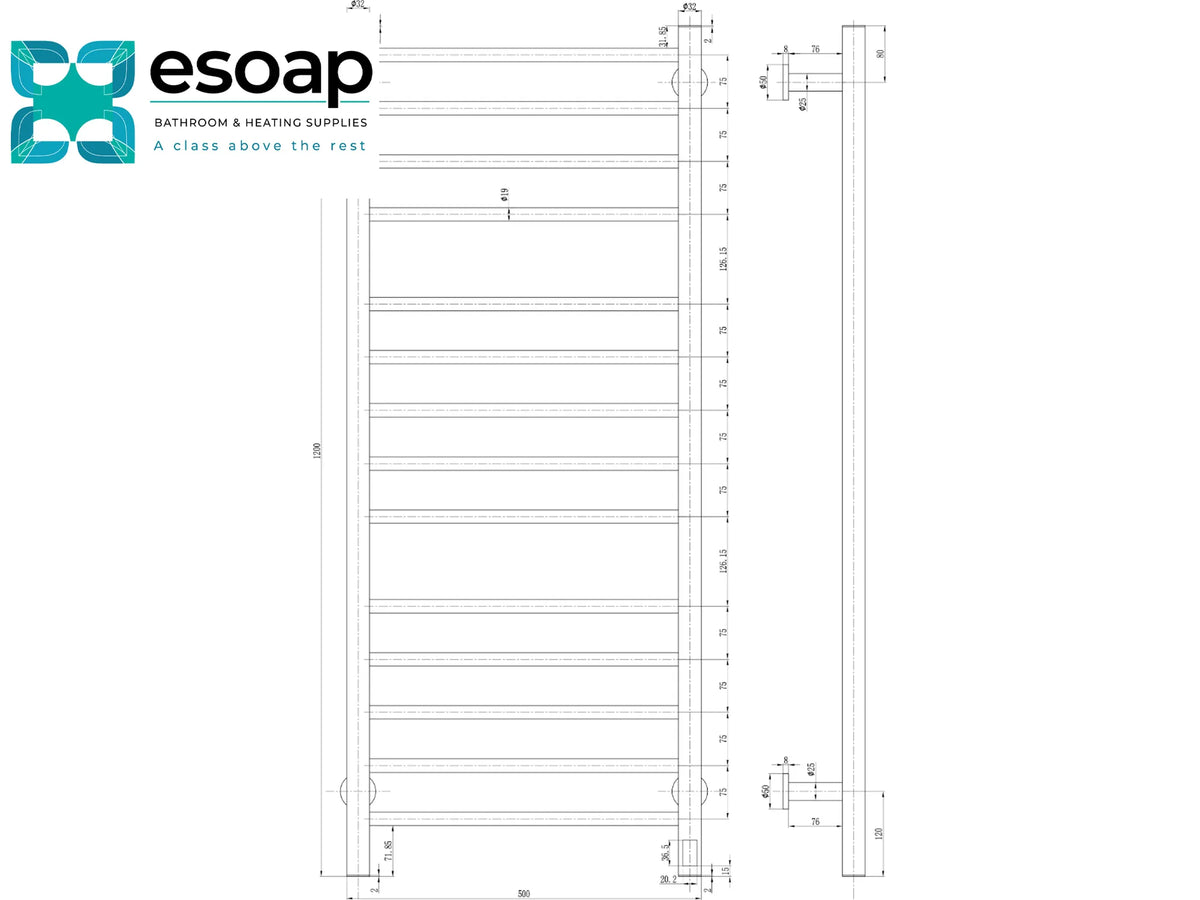 Technical dimension drawing of a towel rail by the brand esoap, showing front, side, and end views with measurements on a white background. Reina Arnage Stainless Steel Designer Radiator Side View