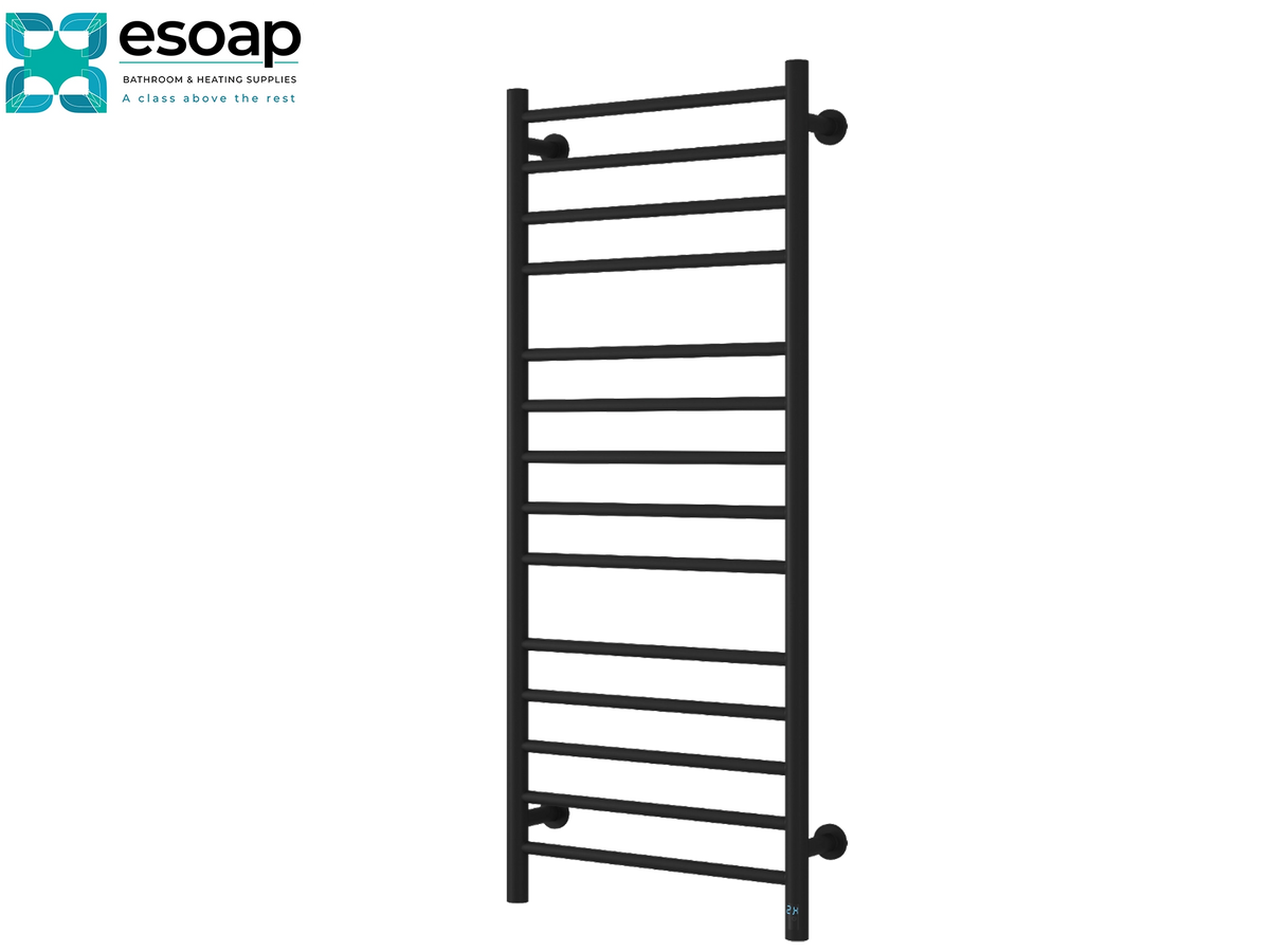 A black metal ladder towel rail shown against a plain white background, with the Esoap brand logo in the top-left corner. Reina Arnage 1200x500 Matt Black Designer Radiator