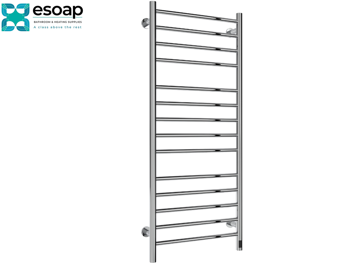 A tall, slim stainless steel heated towel rail with multiple horizontal bars, shown against a plain white background. The ESOAP brand logo is visible in the top-left corner. Reina Arnage 1200x500 Polished Stainless Steel Designer Radiator