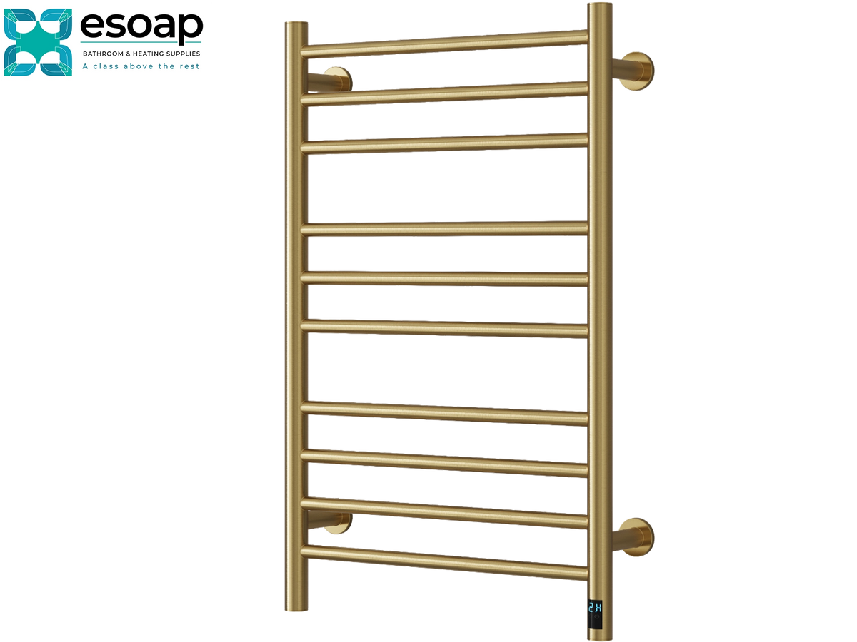 A gold-finished heated towel rail with ten horizontal bars, shown against a plain white background with the Esoap brand logo in the top-left corner. Reina Arnage 800x500 Brushed Brass Designer Radiator