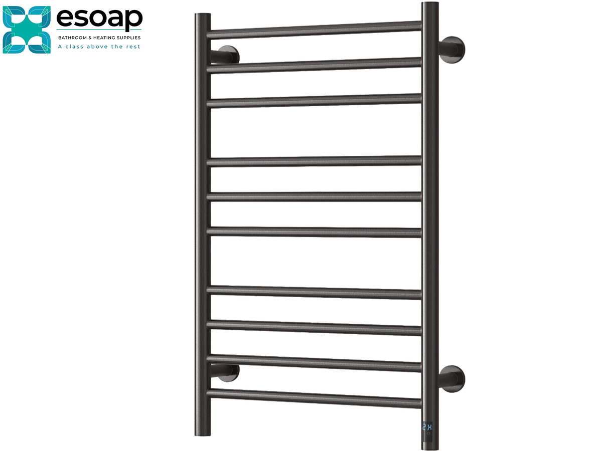 A dark charcoal gray heated towel rail with horizontal bars and wall-mounted brackets, shown on a plain white background with the Esoap brand logo in the top-left corner. Reina Arnage 800x500 Brushed Gun Metal Designer Radiator