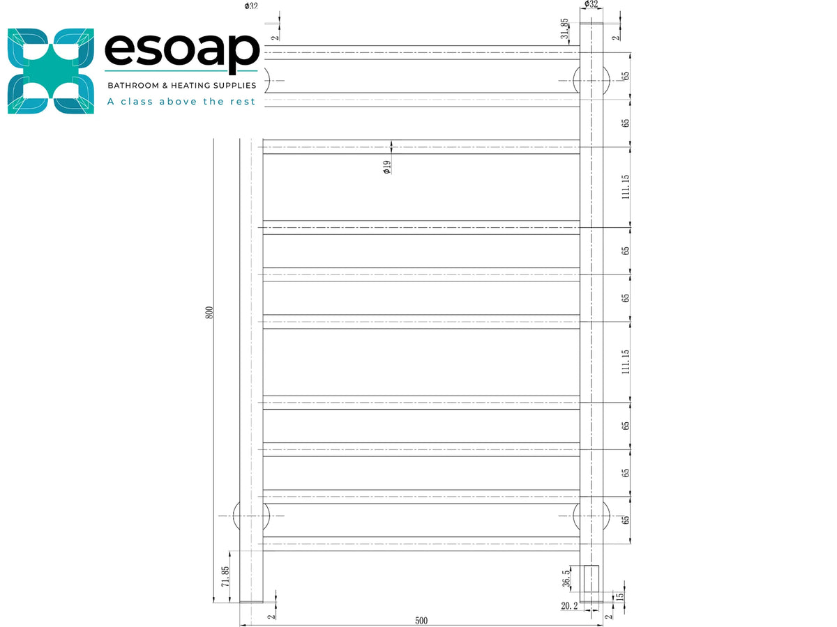 Technical dimension drawing of a six-bar radiator ladder with detailed measurements, shown on a white background with the Esoap brand logo in the top left corner. Reina Arnage Stainless Steel Designer Radiator Front view
