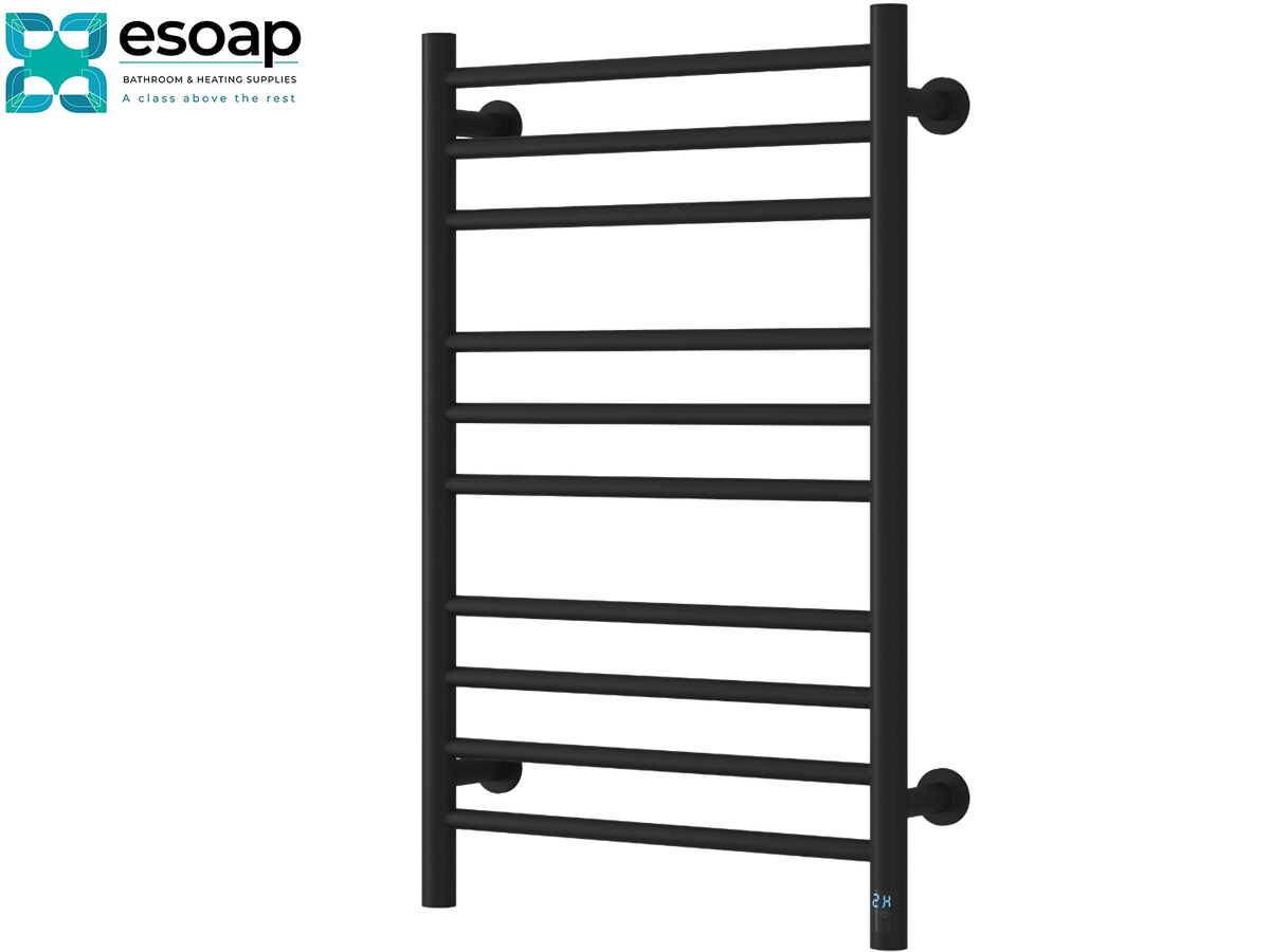 A black heated towel rail with multiple horizontal bars and round mounting brackets, shown on a plain white background with the Esoap brand logo in the top-left corner. Reina Arnage 800x500 Matt Black Designer Radiator