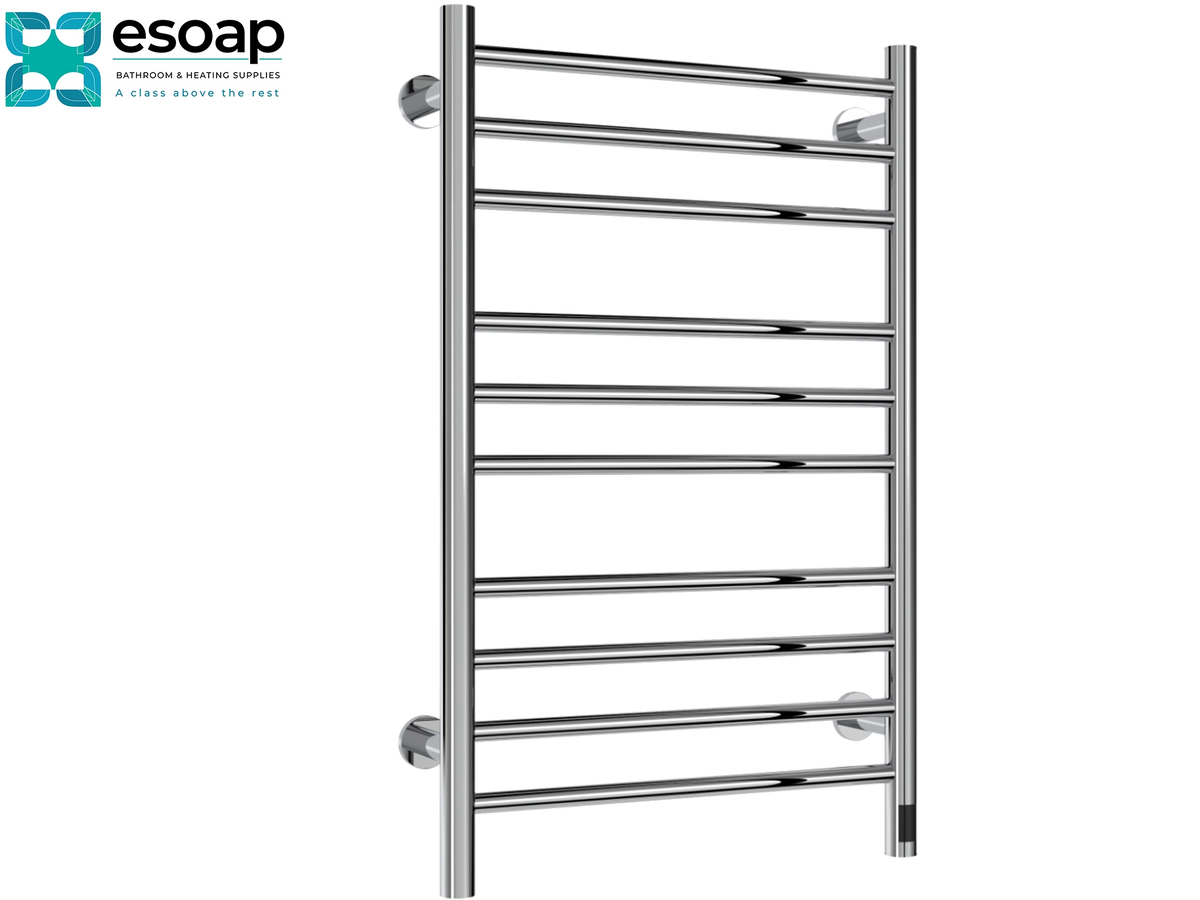 A polished chrome heated towel rail with ten horizontal bars and wall-mounted brackets, shown on a plain white background with the Esoap brand logo in the top-left corner. Reina Arnage 800x500 Polished Stainless Steel Designer Radiator