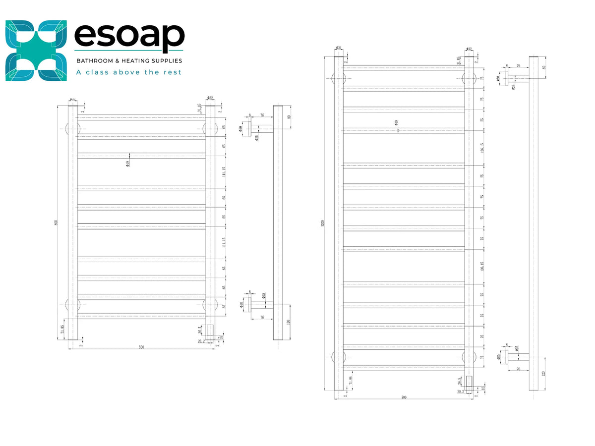 Technical line drawing of a towel radiator with dimension annotations, shown from multiple angles on a white background. The Esoap logo appears in the top left. Reina Arnage Stainless Steel Designer Radiator  combined view