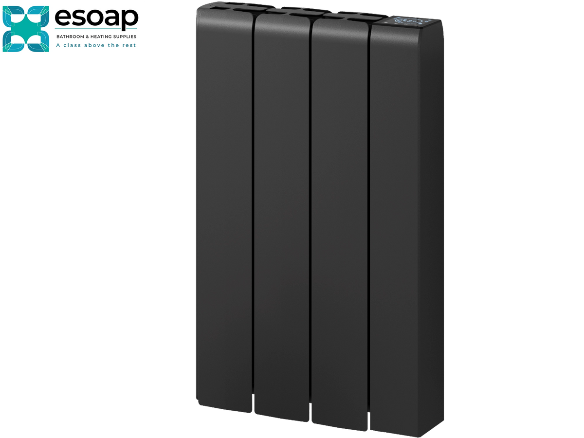 A black multi-panel radiators with a digital control panel on the top right, shown on a white background with the Esoap logo in the top-left corner Reina Aron 570x360 Black Designer Radiator