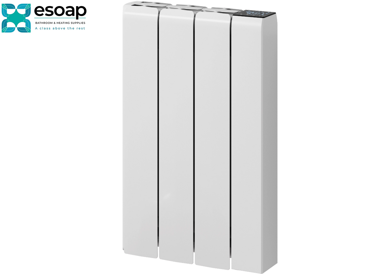 A white four-panel vertical radiators by Esoap, shown on a plain white background with the Esoap logo in the top-left corner Reina Aron 570x360 White Designer Radiator