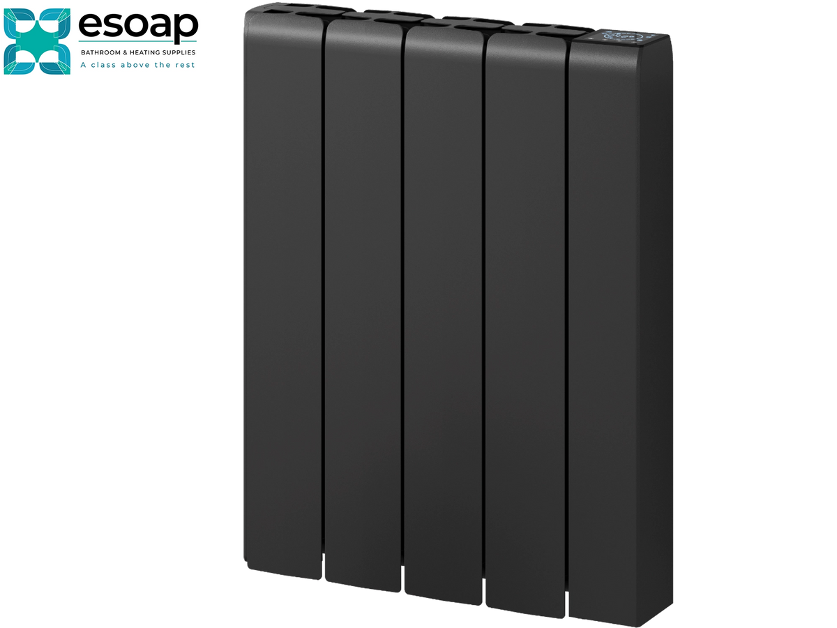 A black multi-panel radiant floor heater shown at a three-quarter angle on a white background, with the Esoap brand logo in the top-left corner Reina Aron 570x450 Black Designer Radiator