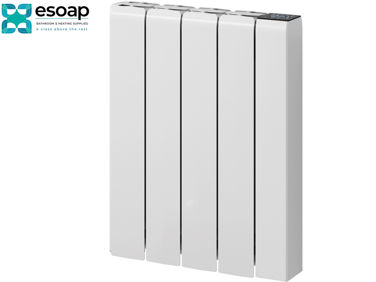 A white vertical panel radiators by Esoap, featuring a sleek modern design with multiple fins and a small control panel on top, shown on a white background with the Esoap logo in the top-left corner Reina Aron 570x450 White Designer Radiator