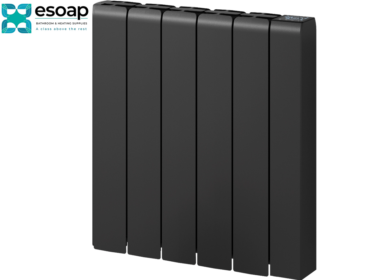 A black multi-panel radiators heat pump by Esoap, shown at a three-quarter angle on a white background with the Esoap logo in the top-left corner Reina Aron 570x540 Black Designer Radiator