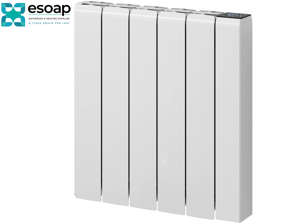 A white multi-panel radiators heat system unit with a digital control panel on top, shown on a white background with an Esoap logo in the top-left corner Reina Aron 570x540 White Designer Radiator