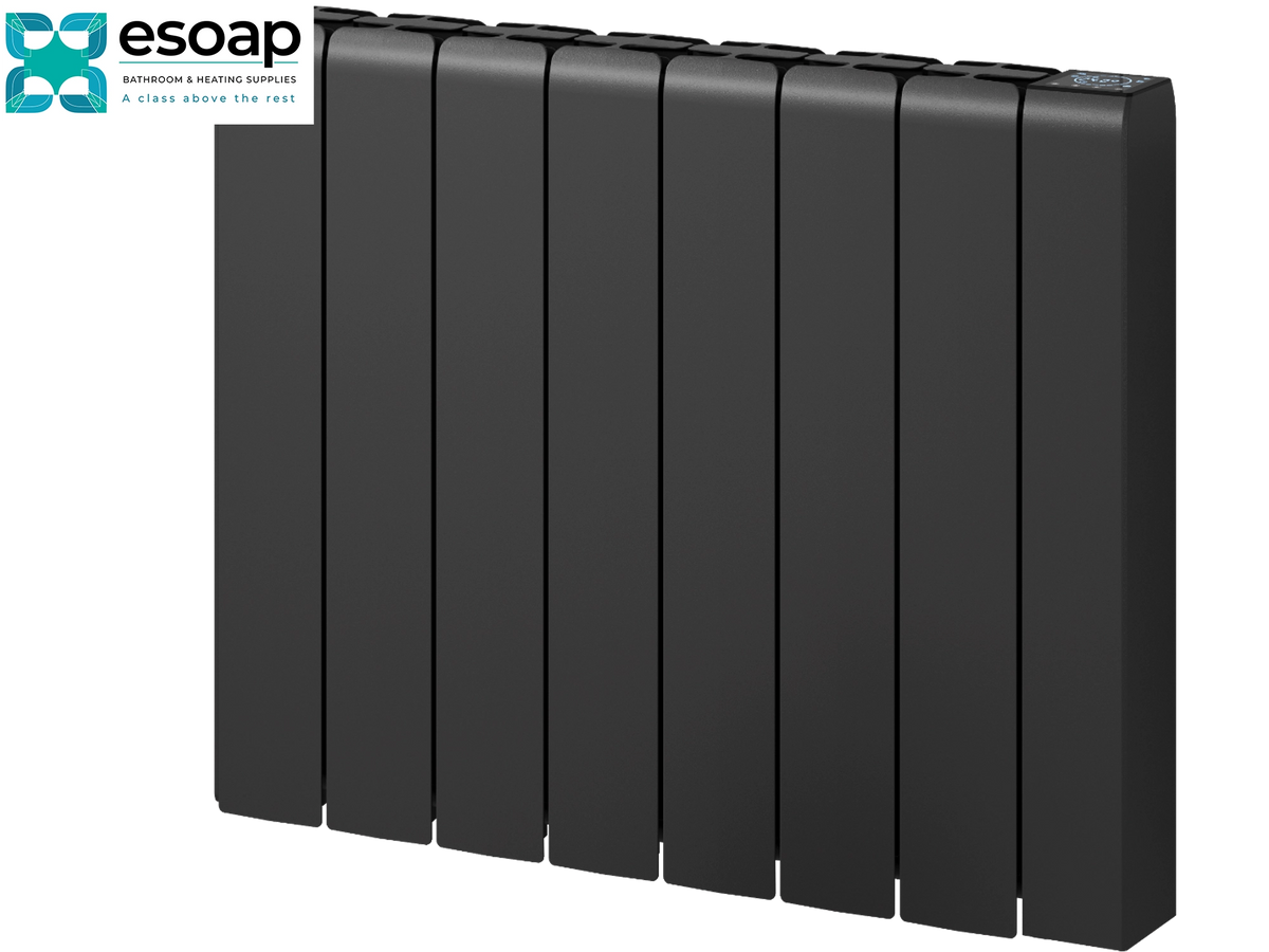 A modern multi-panel black radiators with a sleek, vertical design, shown on a plain white background with an Esoap logo in the top-left corner Reina Aron 570x720 Black Designer Radiator