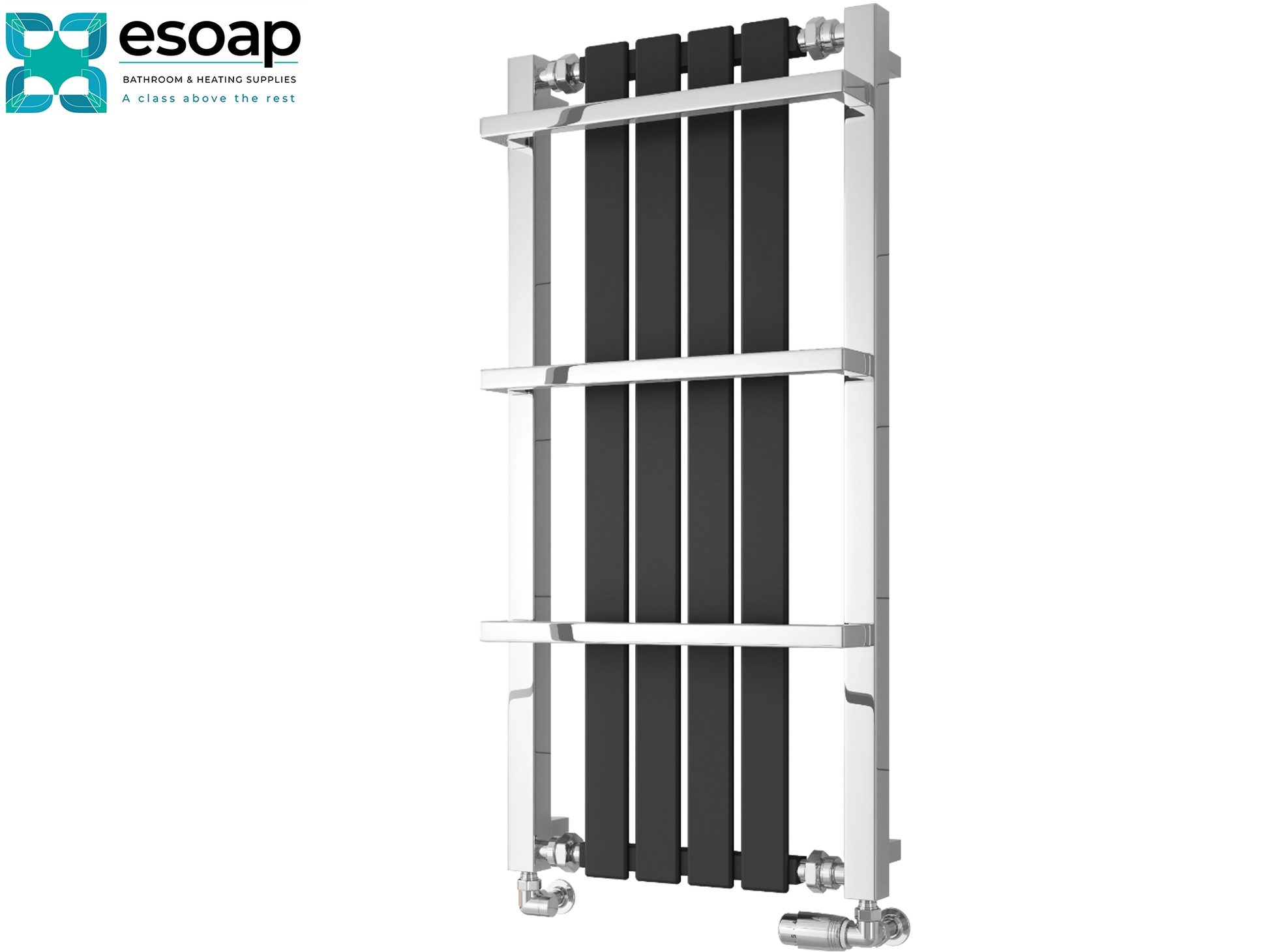 Chrome lack ashen designer radiator 1000 x 490 on white background featuring esoap brand