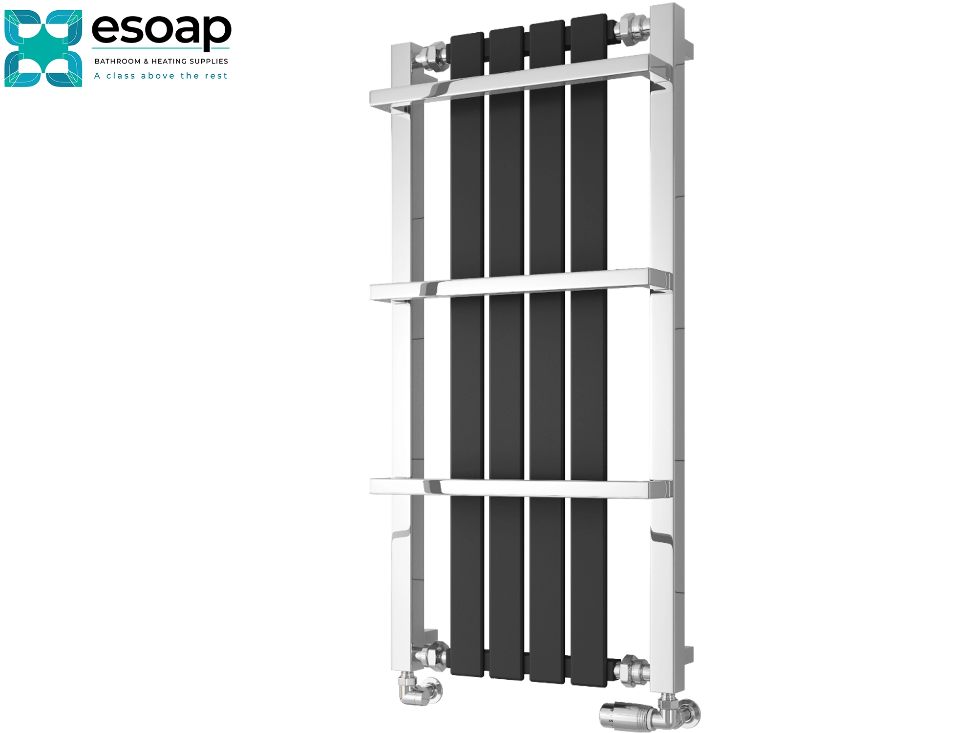Chrome lack ashen designer radiator 1000 x 490 on white background featuring esoap brand