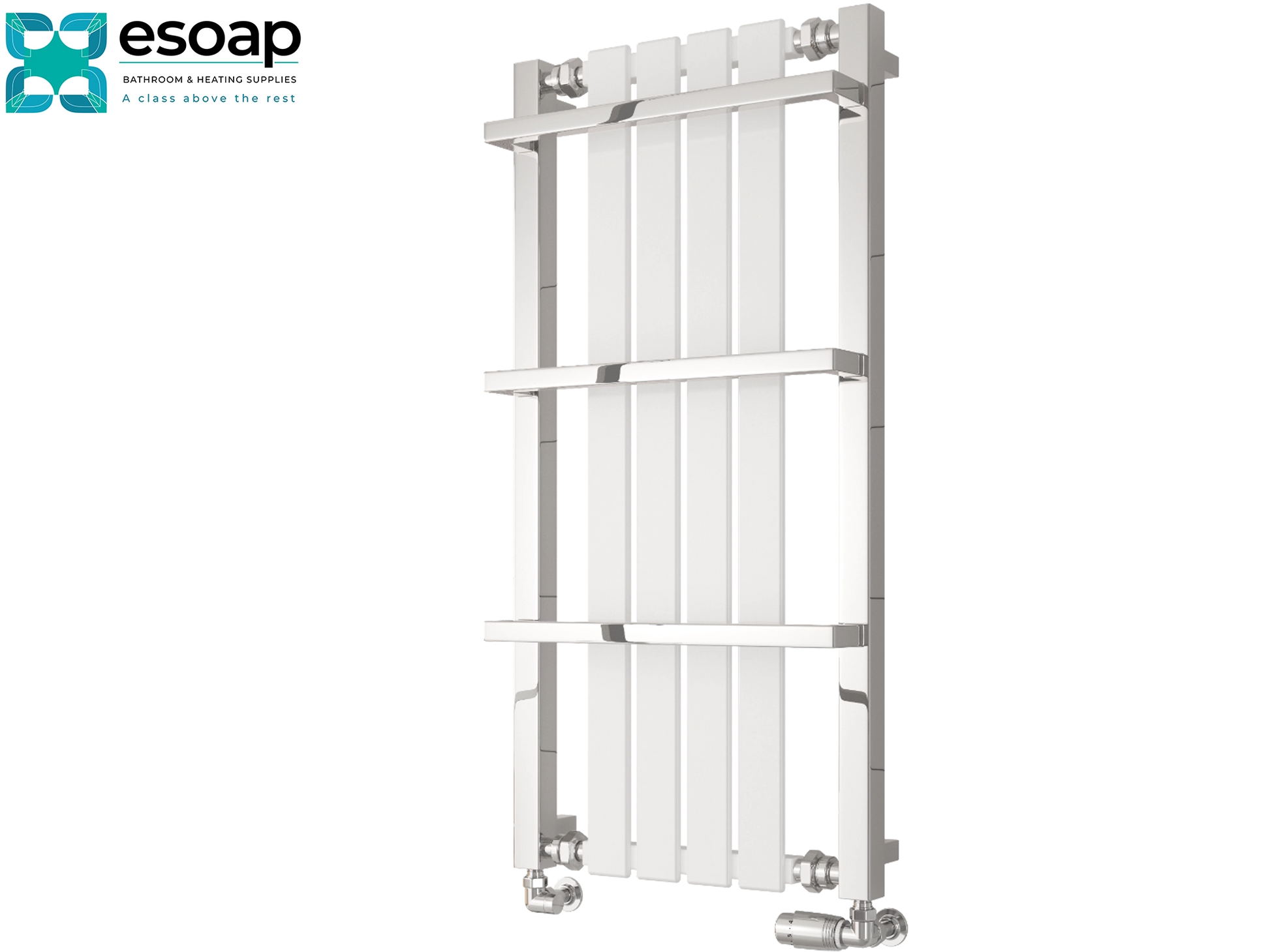 White ashen designer  radiator 1000 x 490  on a white background with 'esoap' branding.