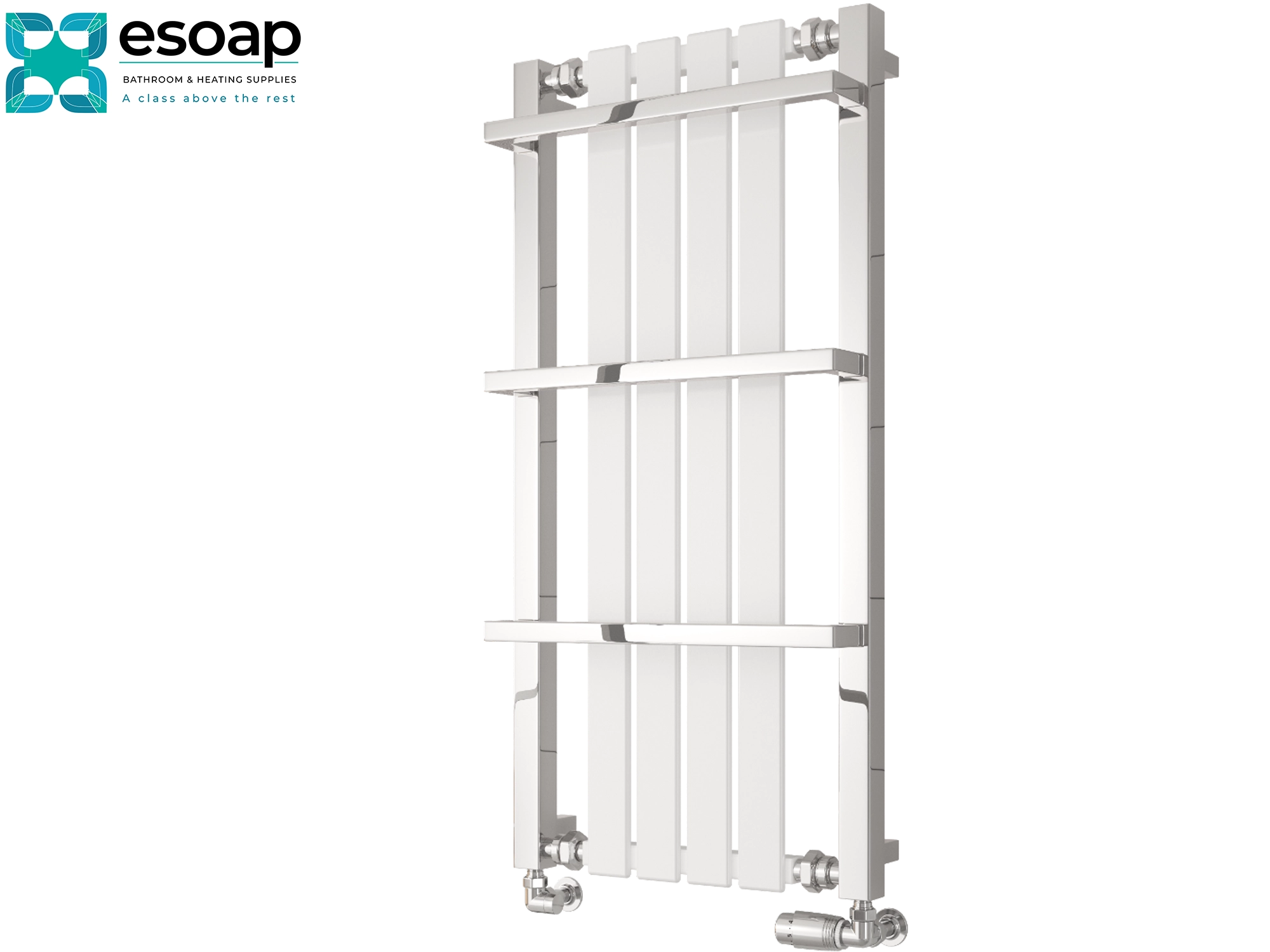 White ashen designer  radiator 1000 x 490  on a white background with 'esoap' branding.