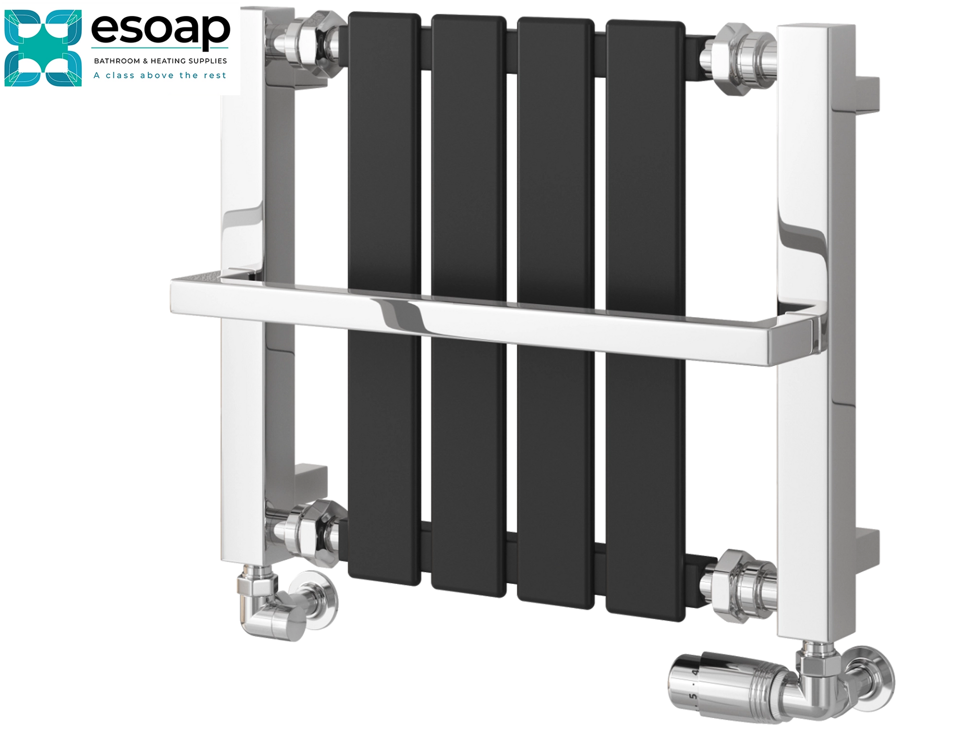 Black ashen radiator 400 x 900 with chrome brackets on a white background, featuring the Esoap logo.