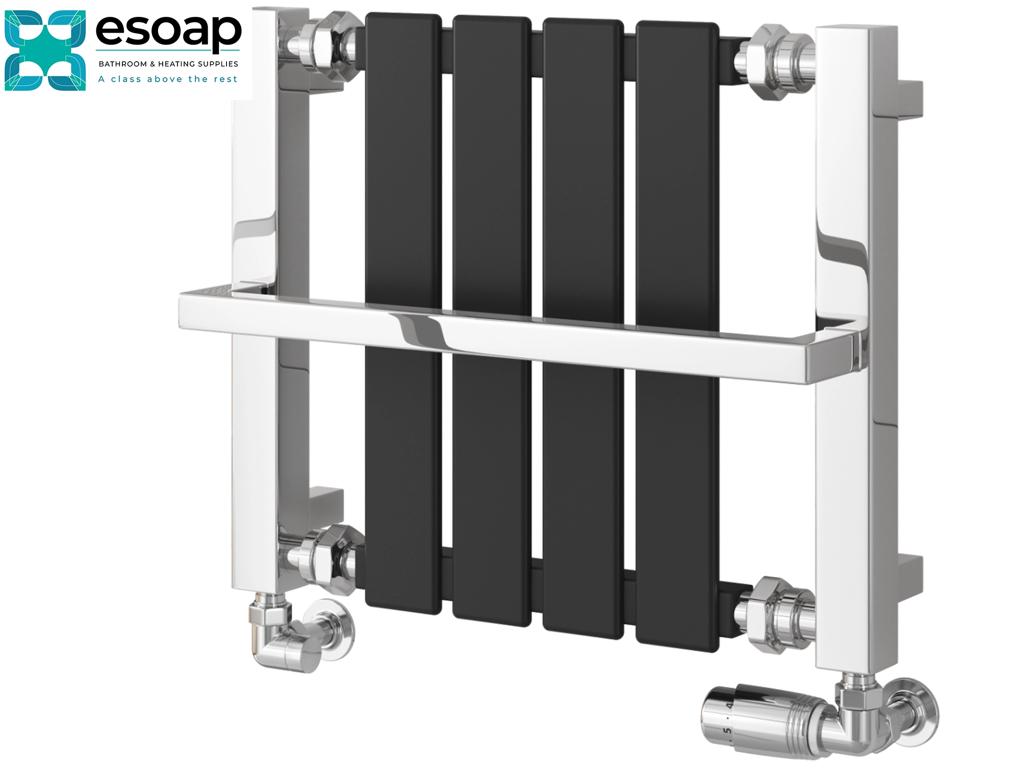 Black ashen radiator 400 x 900 with chrome brackets on a white background, featuring the Esoap logo.