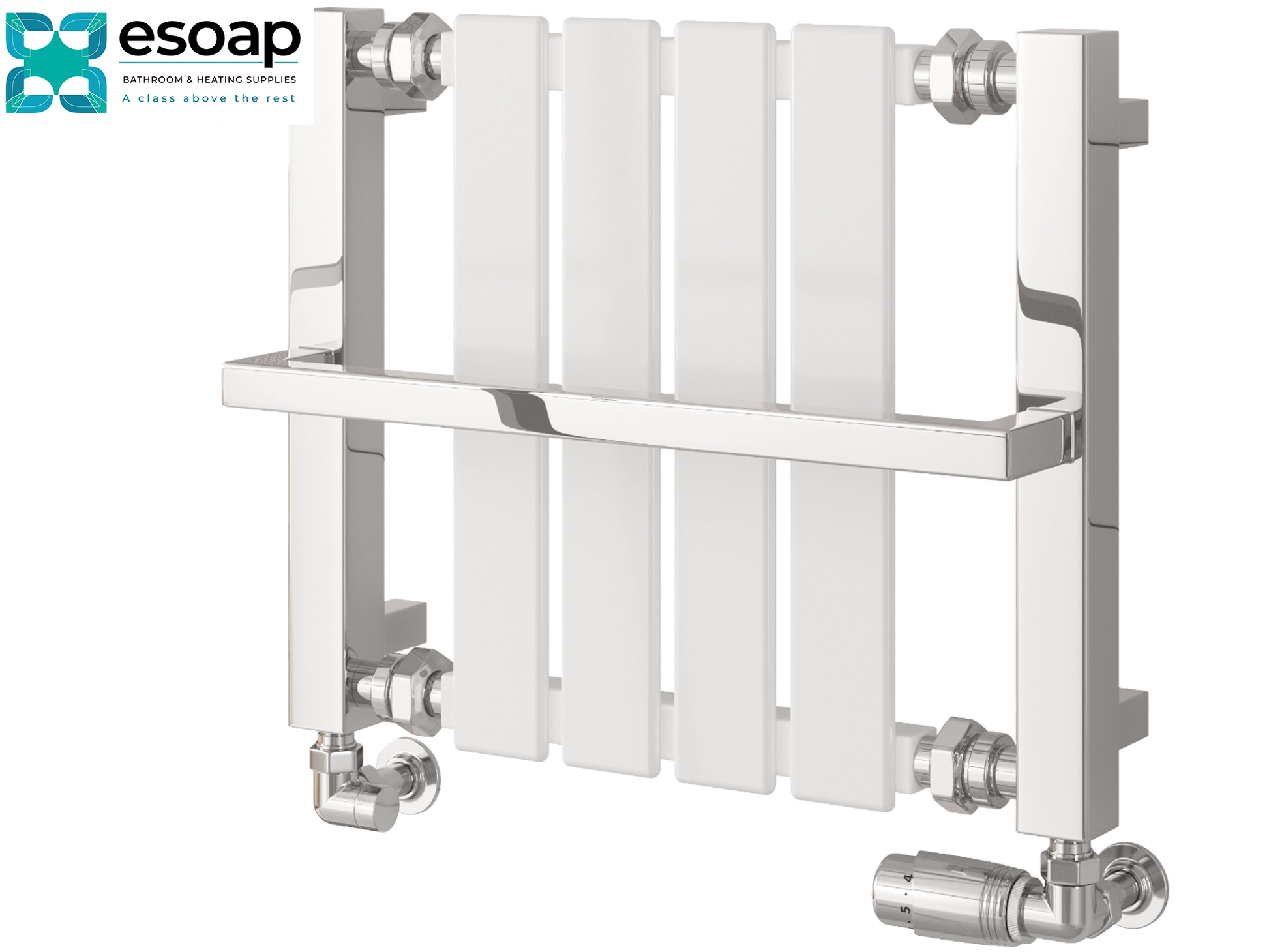 Chrome ashen radiator 400 x 490 with Esoap branding on a white background