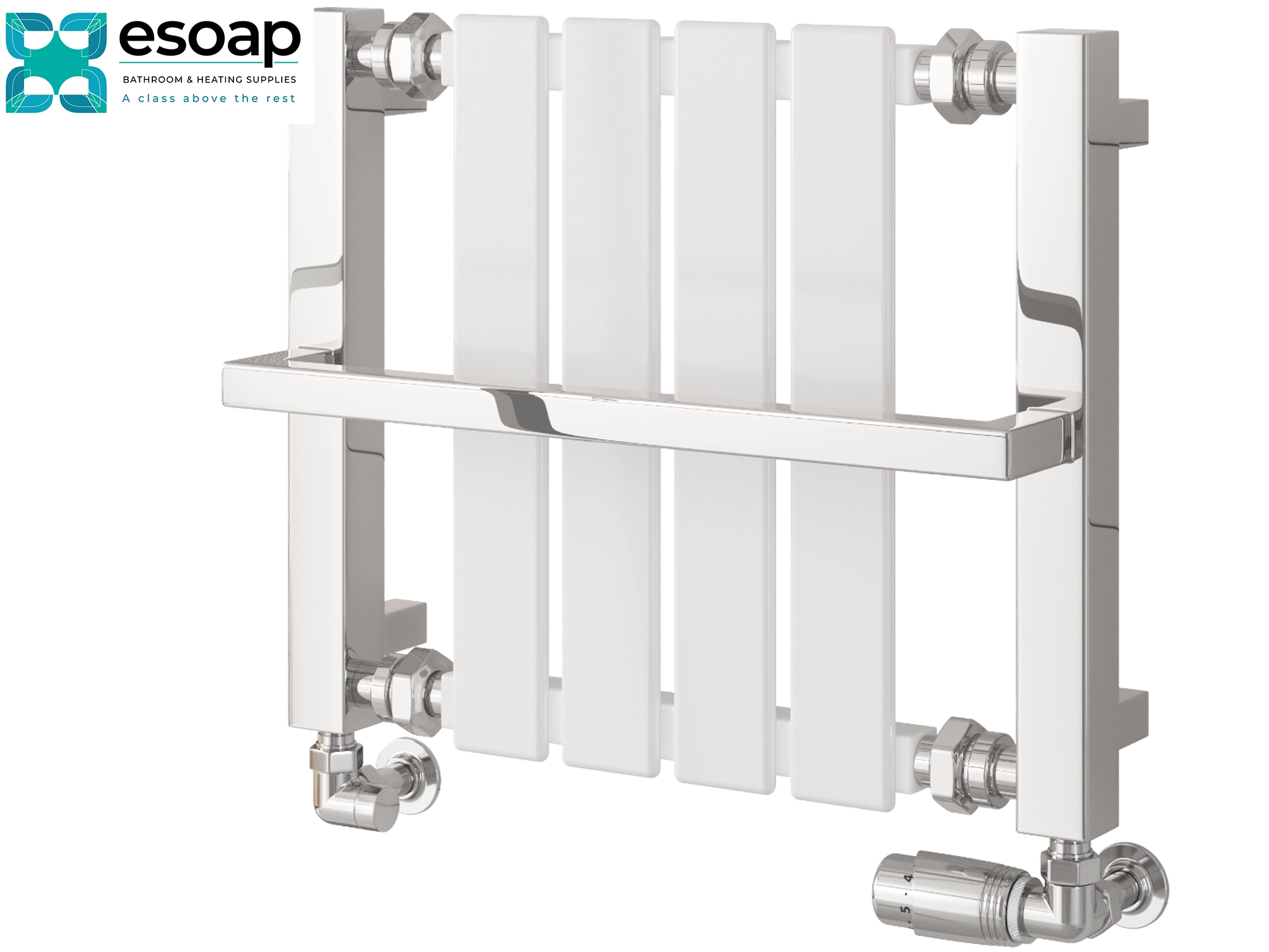 Chrome ashen radiator 400 x 490 with Esoap branding on a white background