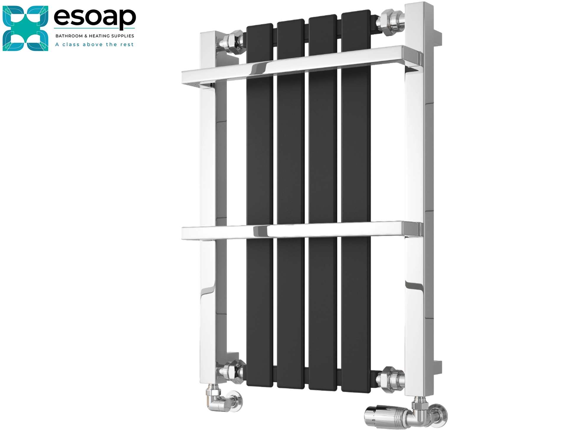 Chrome black 700 x 490 designer radiaotor on white background featuring esoap brand