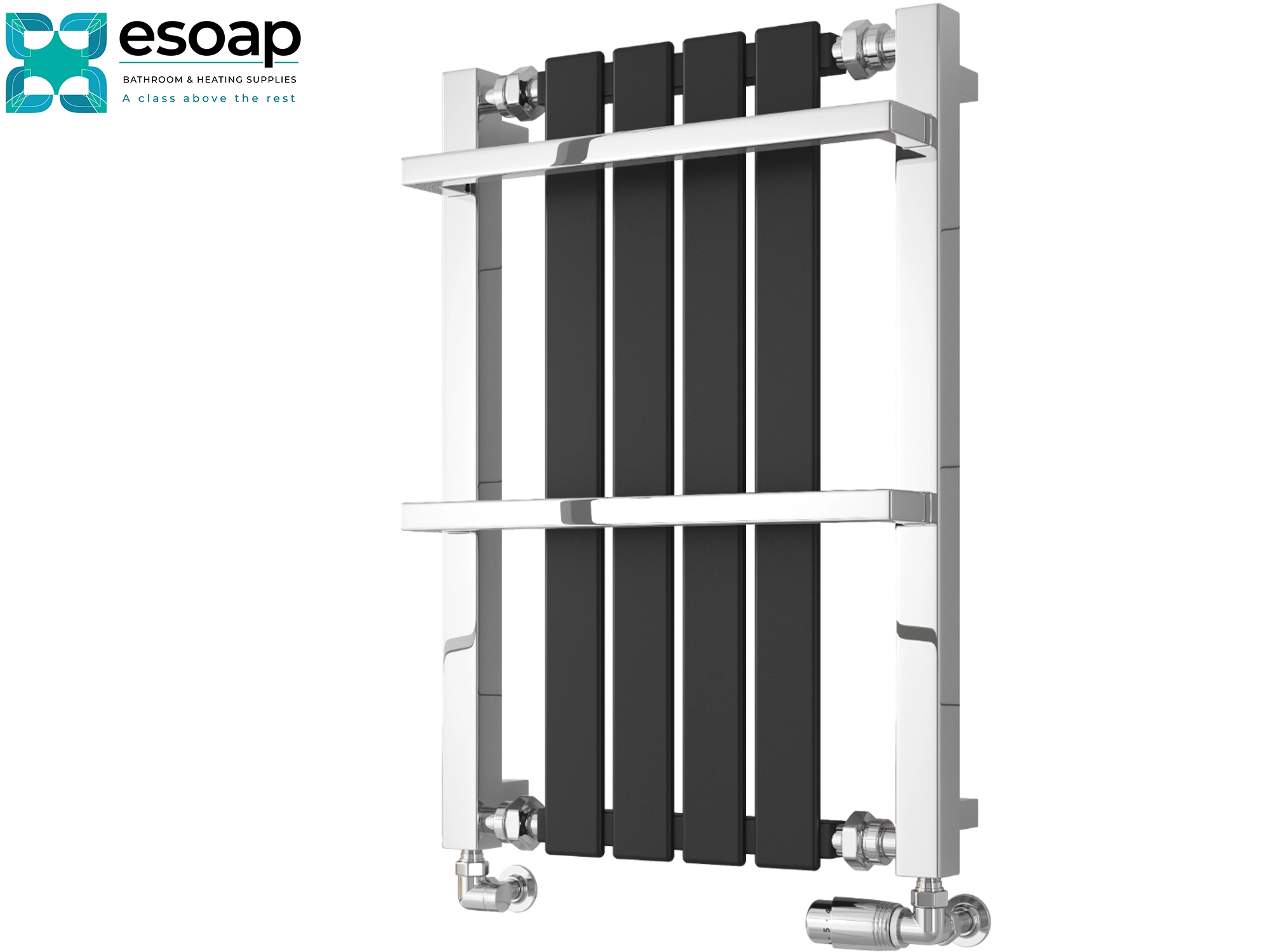 Chrome black 700 x 490 designer radiaotor on white background featuring esoap brand