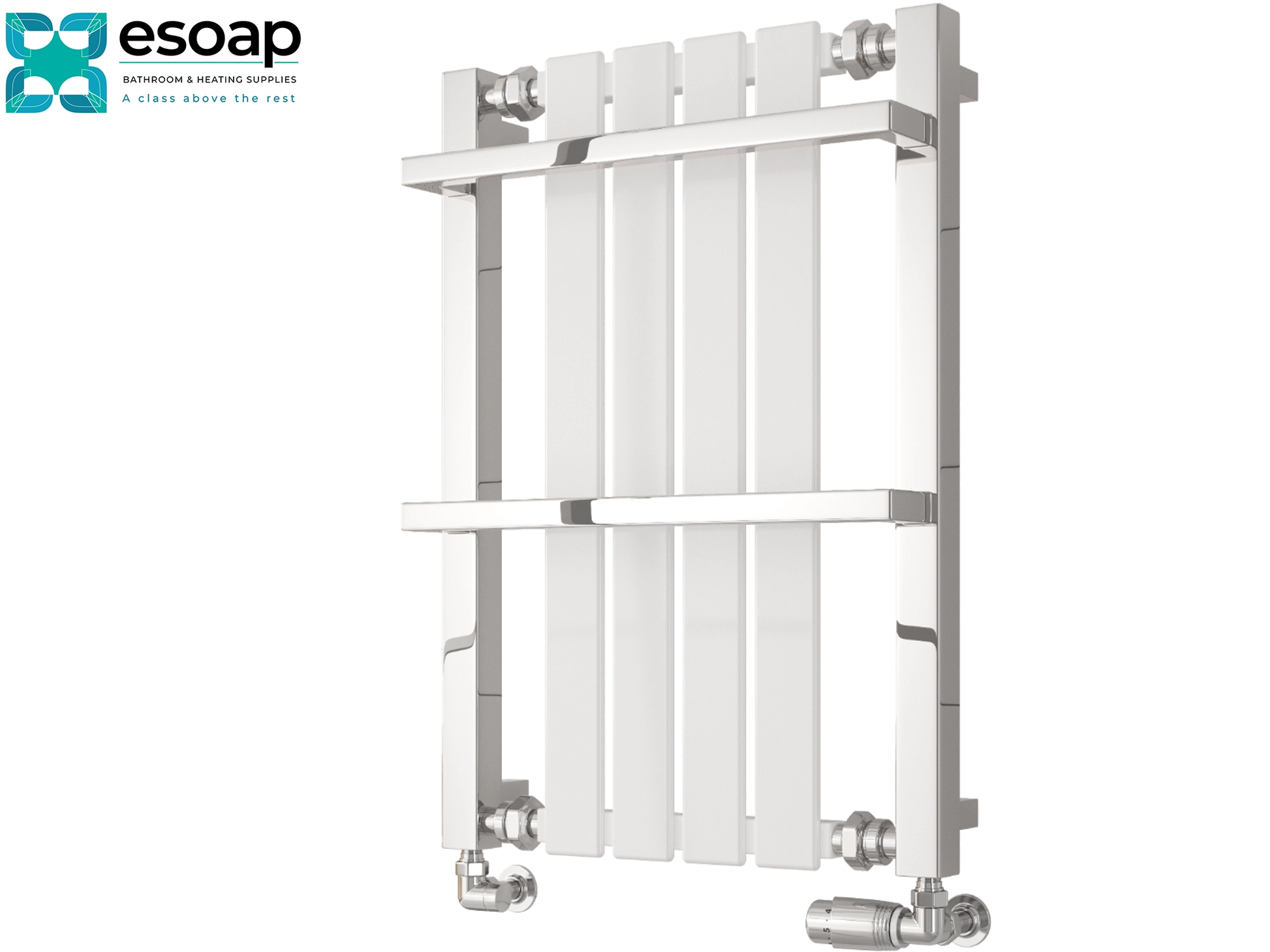 White Ashen radiator 700 x 490 with chrome fixtures on a white background, featuring the Esoap brand.