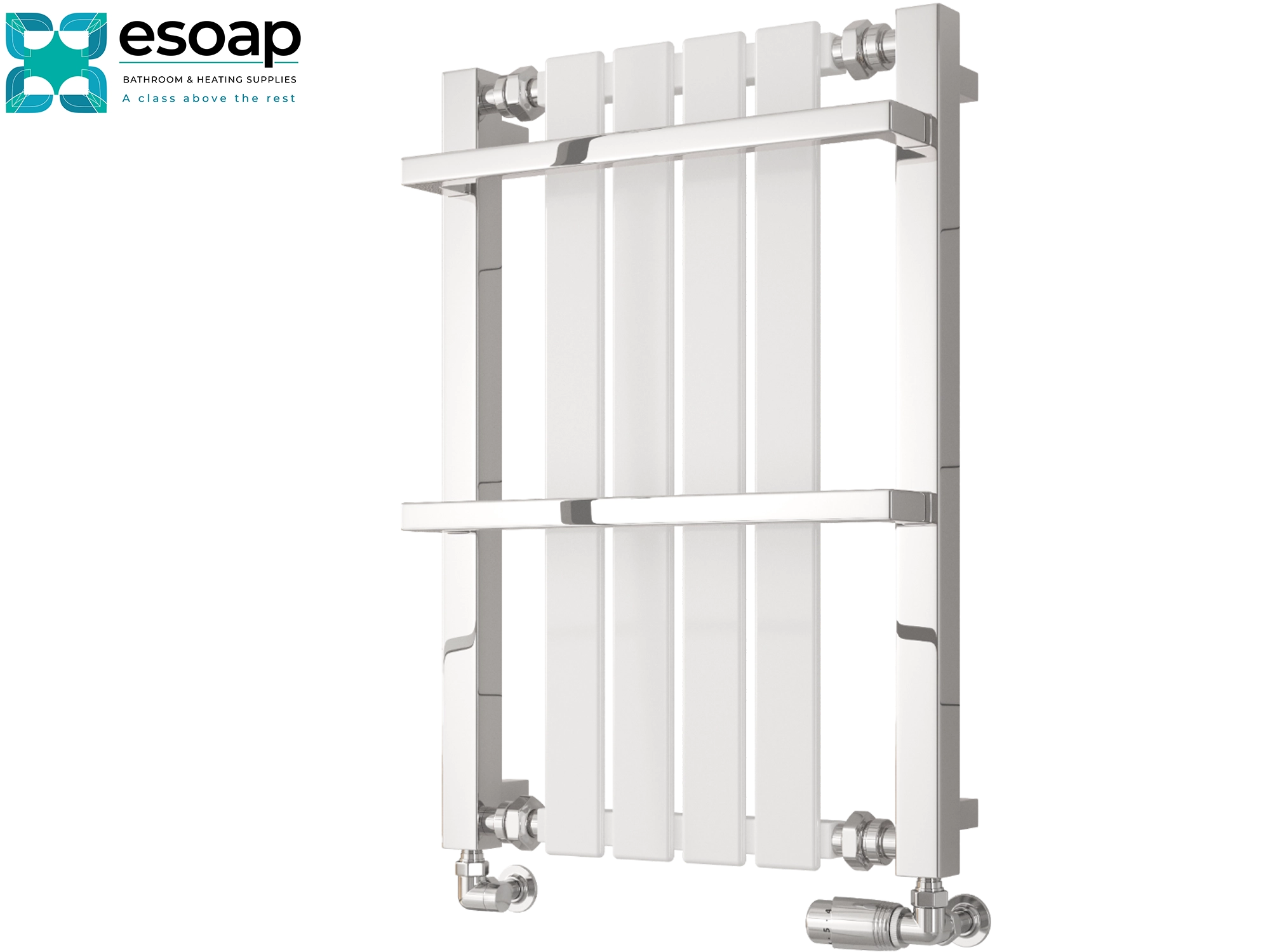 White Ashen radiator 700 x 490 with chrome fixtures on a white background, featuring the Esoap brand.