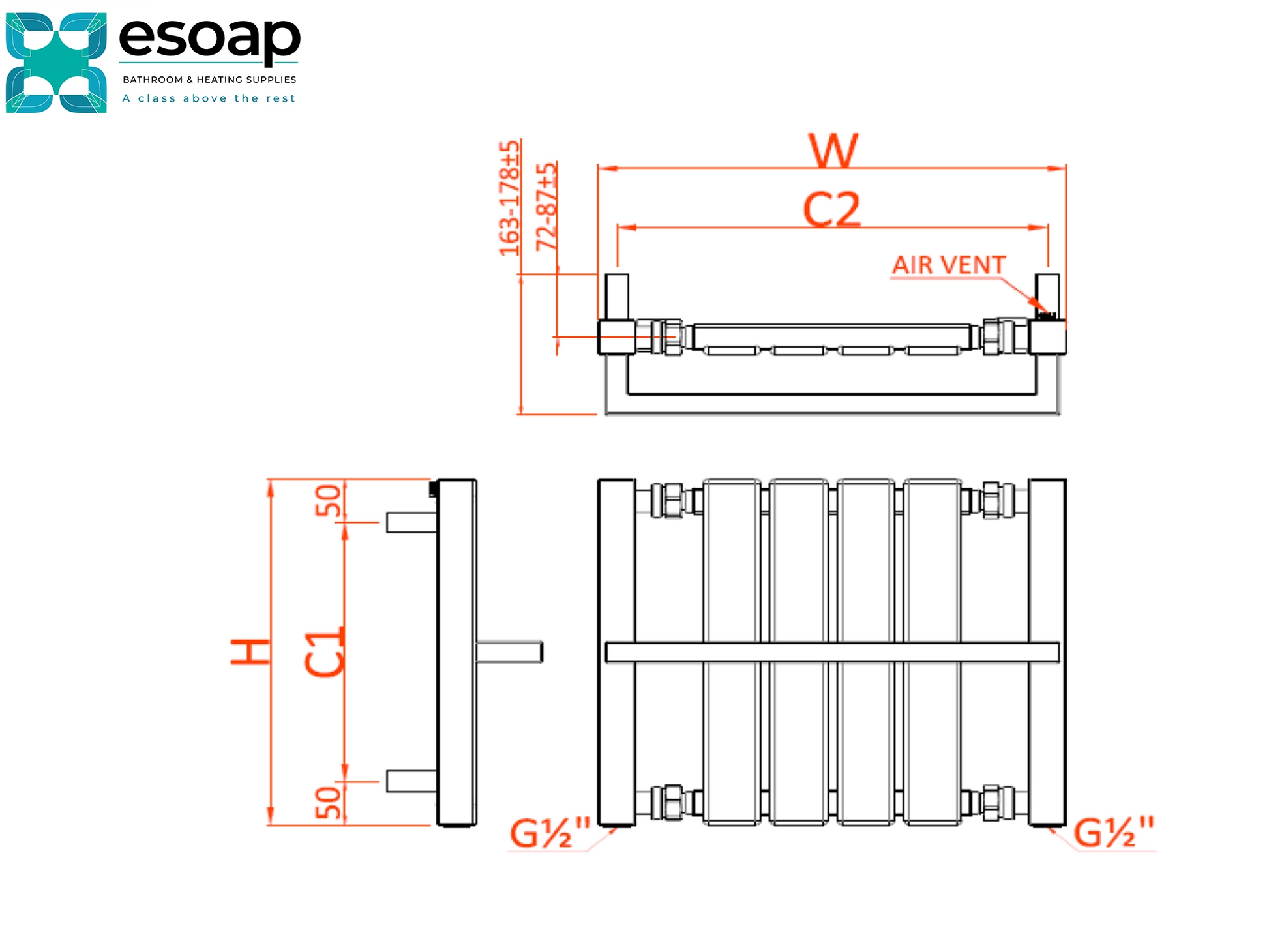 Technical diagram of ashen radiator on a white background, featuring the Esoap logo.