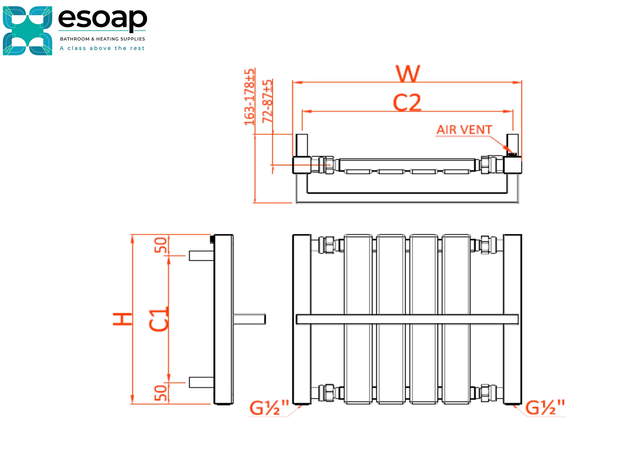 Technical diagram of ashen radiator on a white background, featuring the Esoap logo.