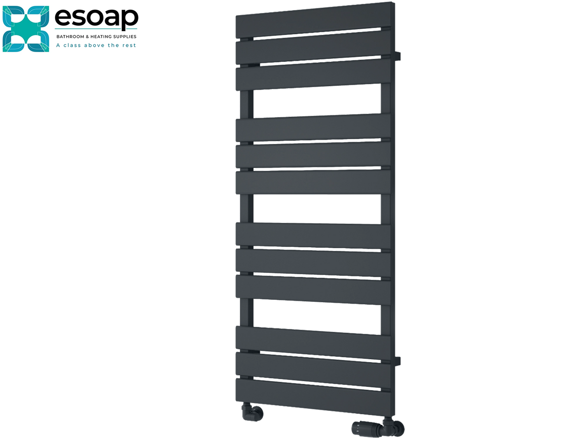 A dark gray heated towel rail with horizontal bars and caster wheels, shown on a plain white background with the Esoap brand logo in the top-left corner Reina Avola 1124x500 Anthracite Designer Radiator
