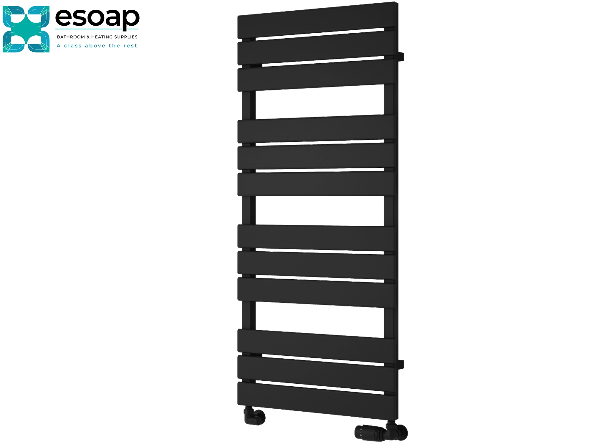Black avola designer radiator 1124 x 500 on white background featuring esoap brand