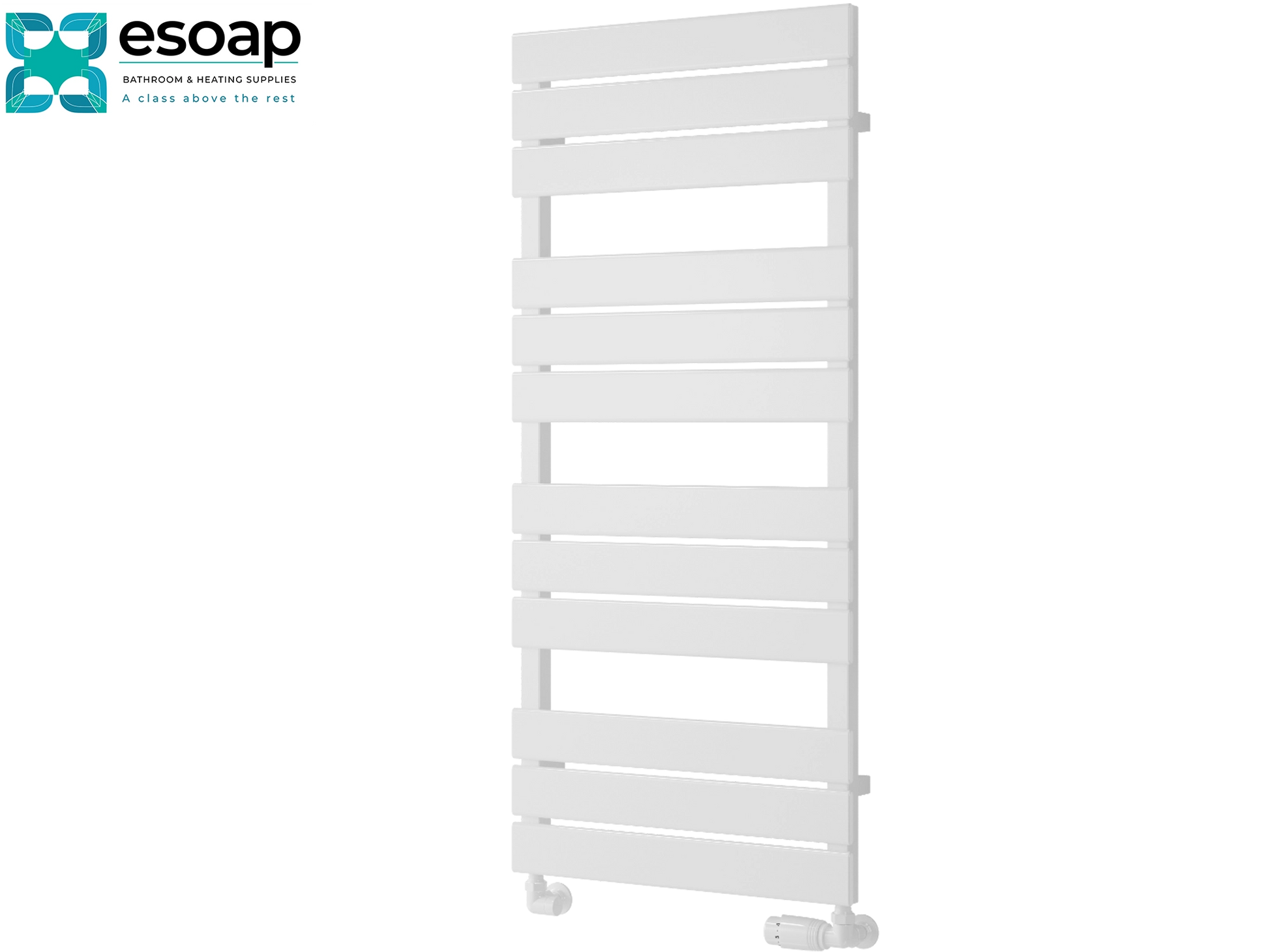 White avola designer radiator 1124 x 500 on a white background featuring esoap brand