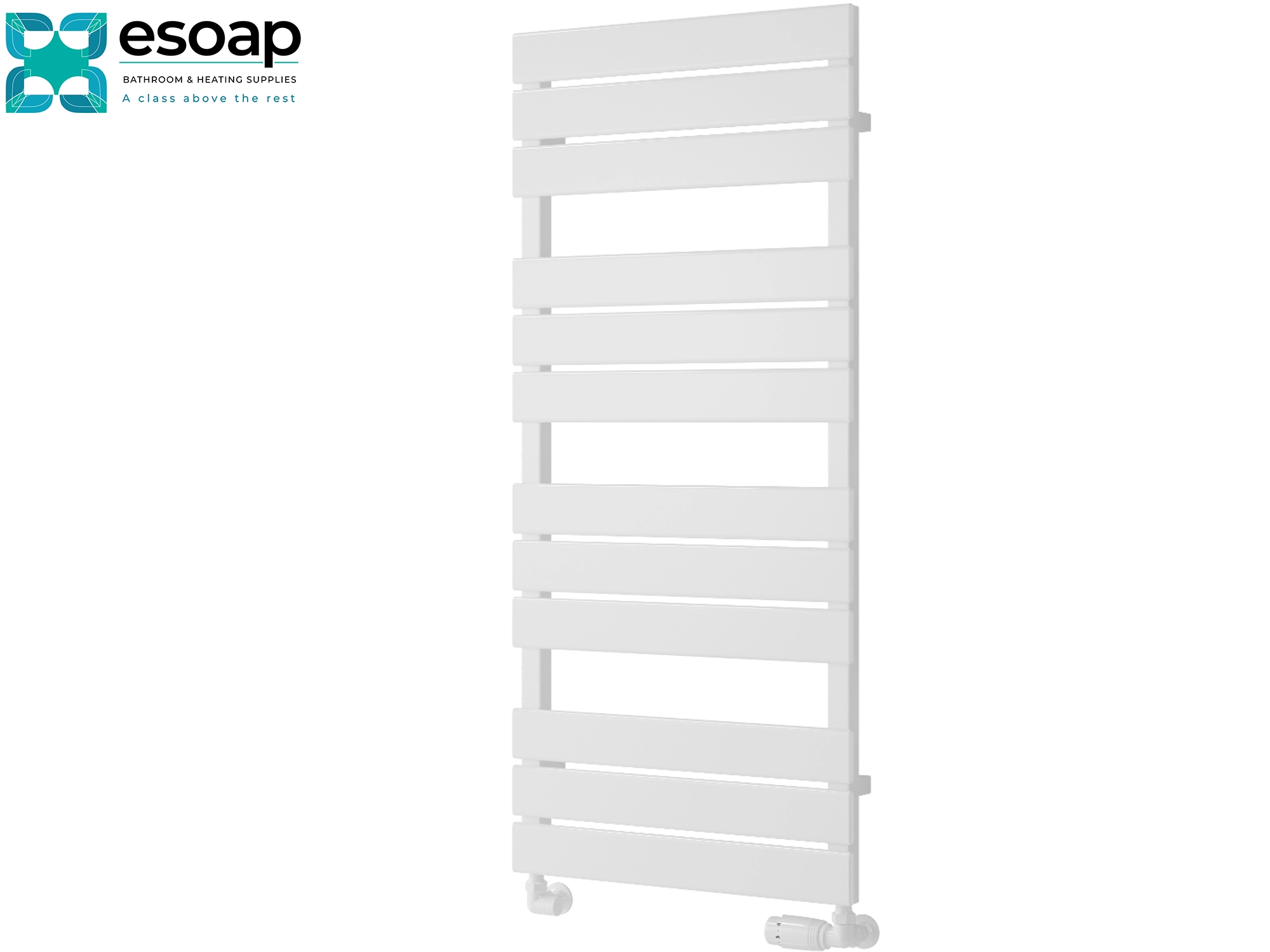 White avola designer radiator 1124 x 500 on a white background featuring esoap brand