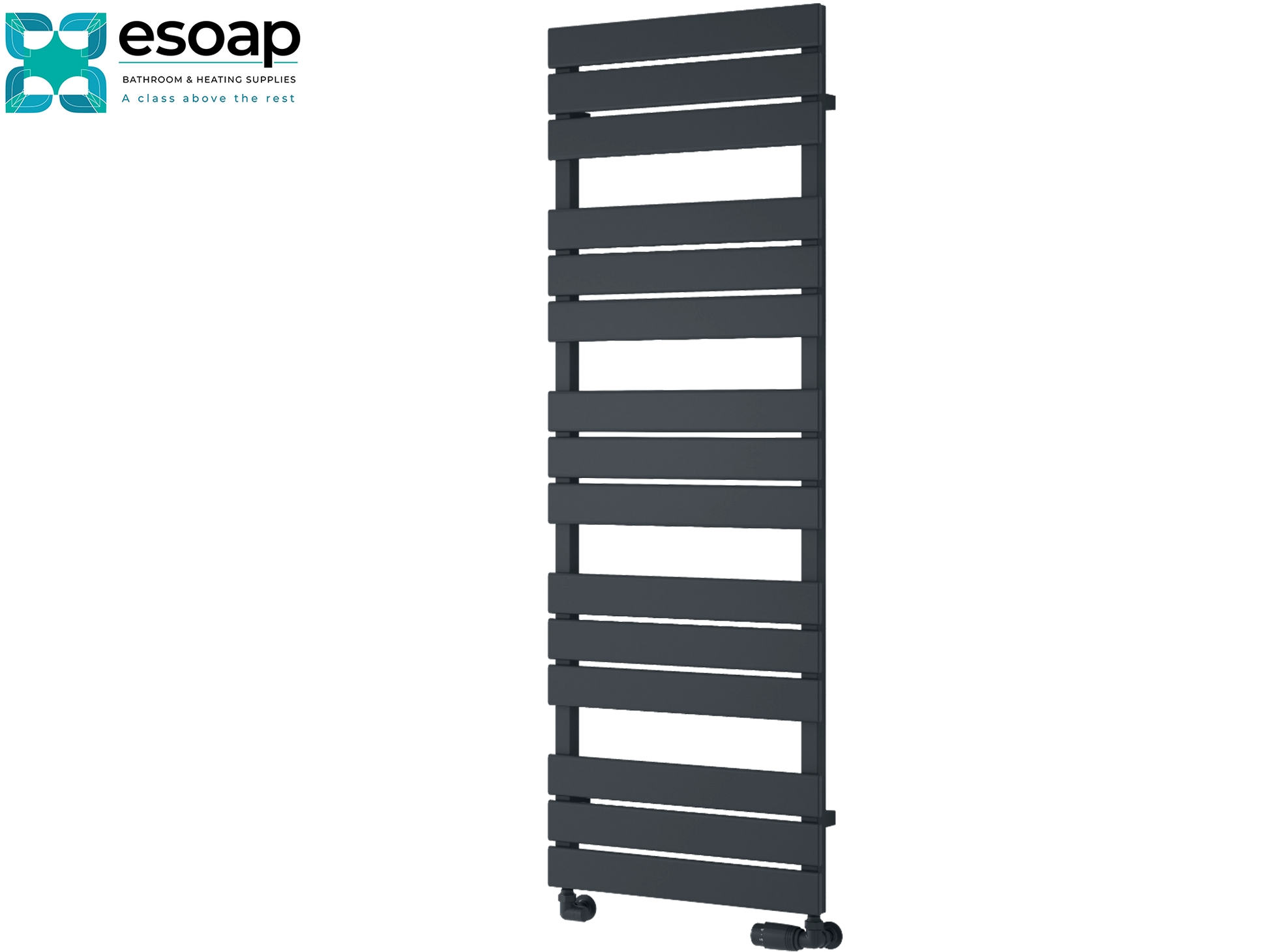 Avola anthracite designer radiator 1424 x 500 on a white background with 'esoap' branding.