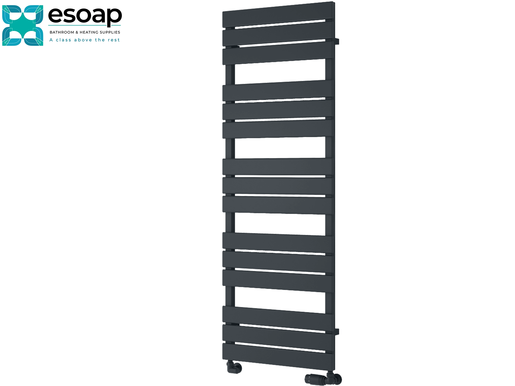 Avola anthracite designer radiator 1424 x 500 on a white background with 'esoap' branding.
