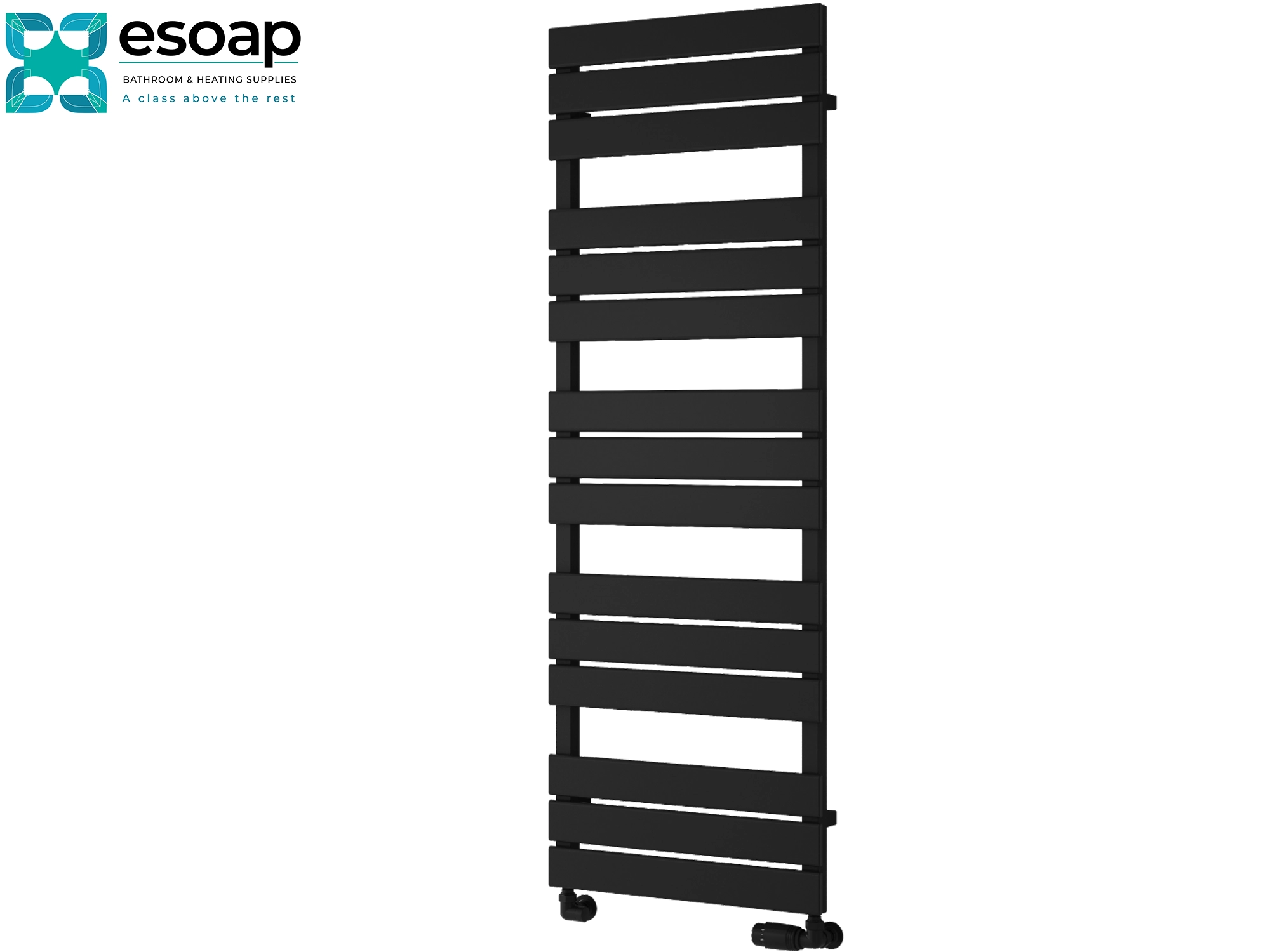 Black avola designer radiator 1424 x 500 on a white background with 'esoap' branding.