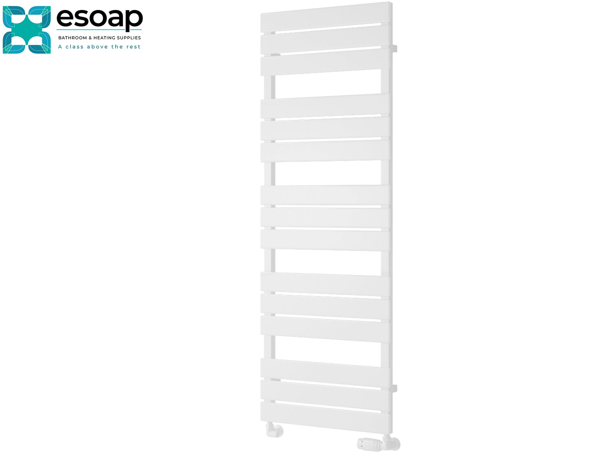 white avola designer radiator 1424 x 500 on white background featuring esoap brand