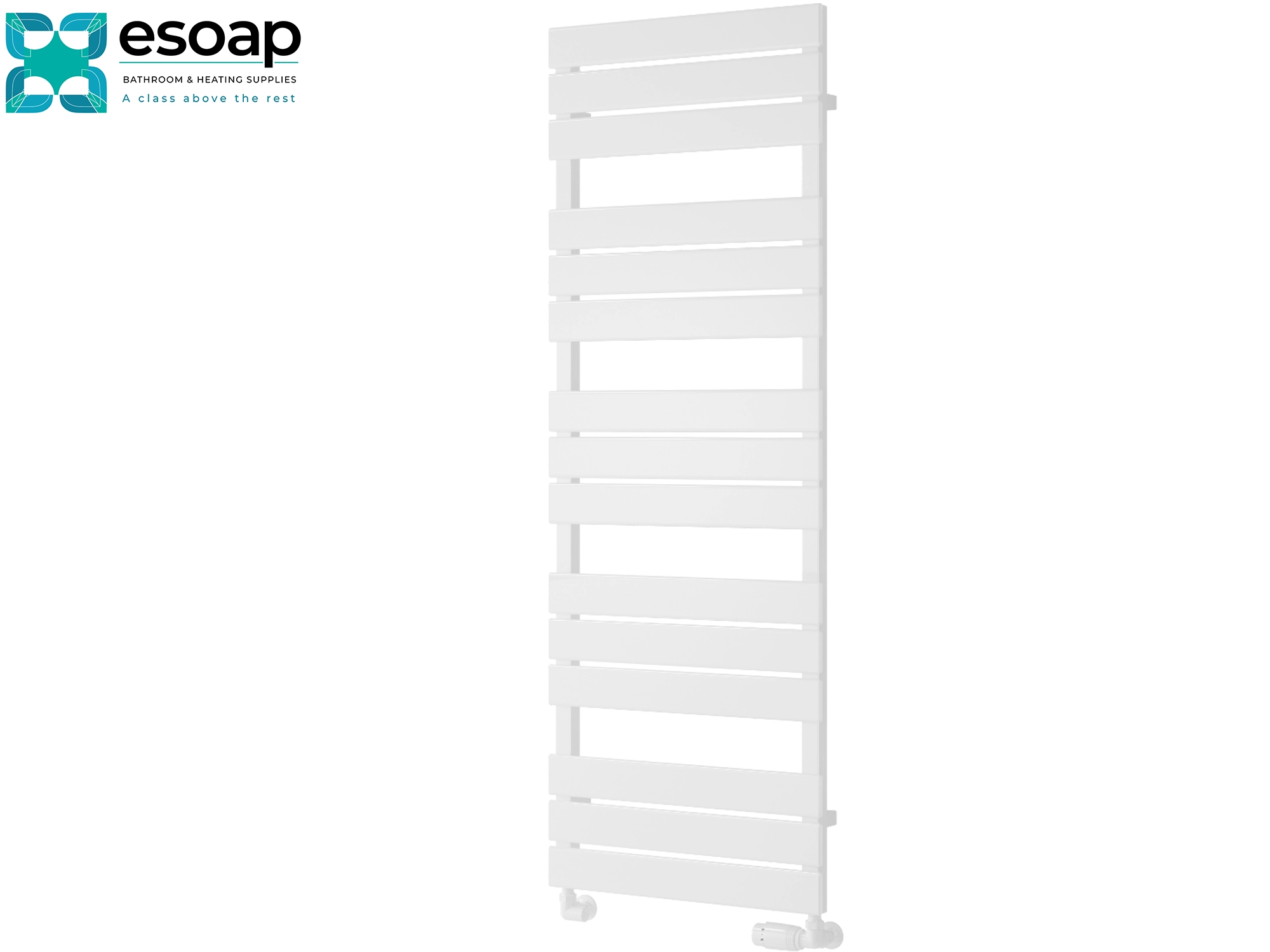 white avola designer radiator 1424 x 500 on white background featuring esoap brand