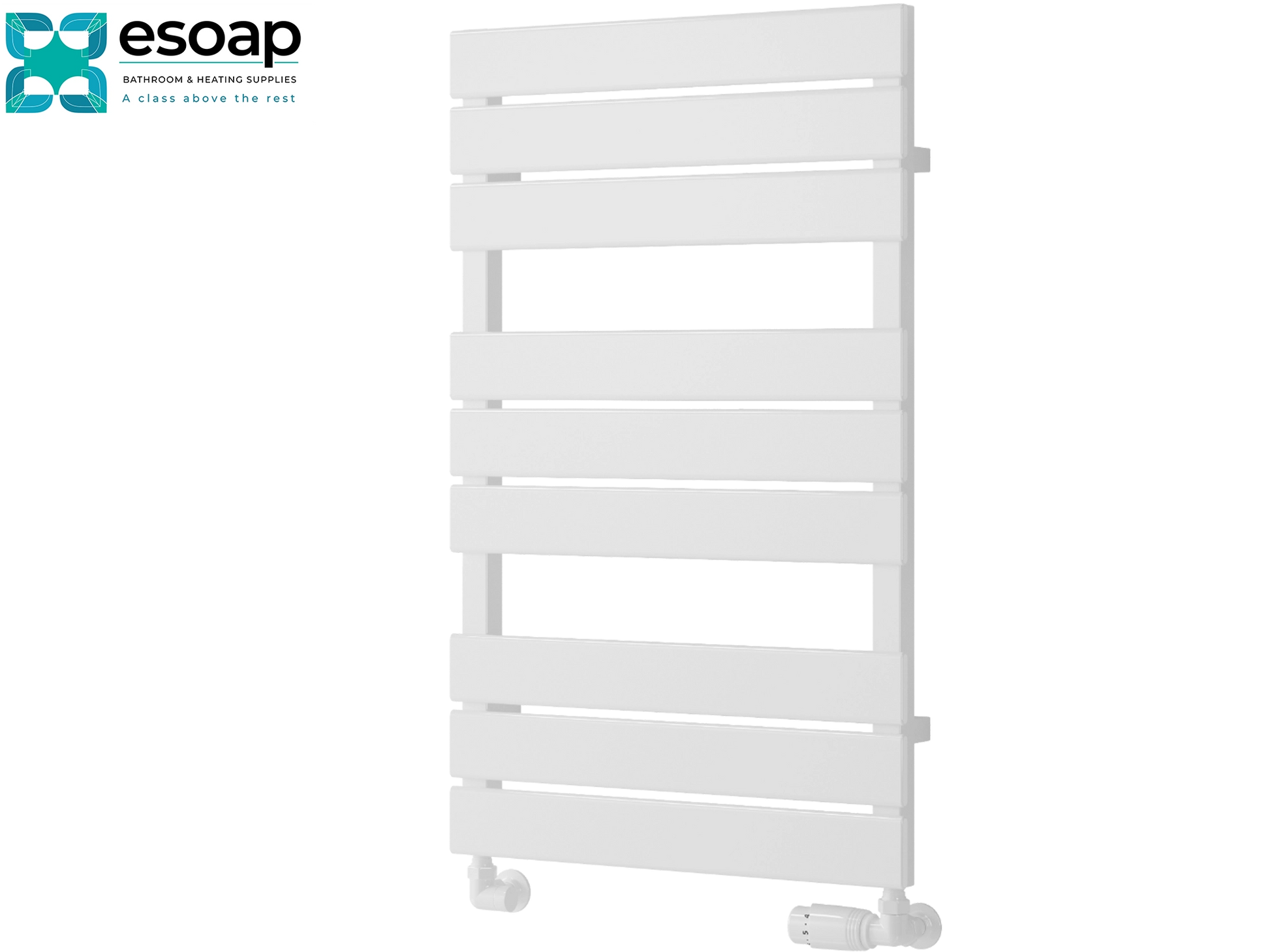 white avola designer radiator 823 x 500 on white background featuring esoap branding