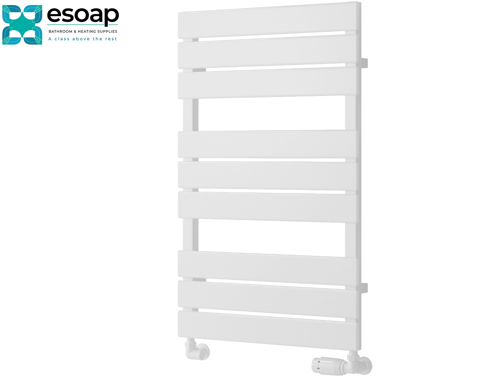 white avola designer radiator 823 x 500 on white background featuring esoap branding