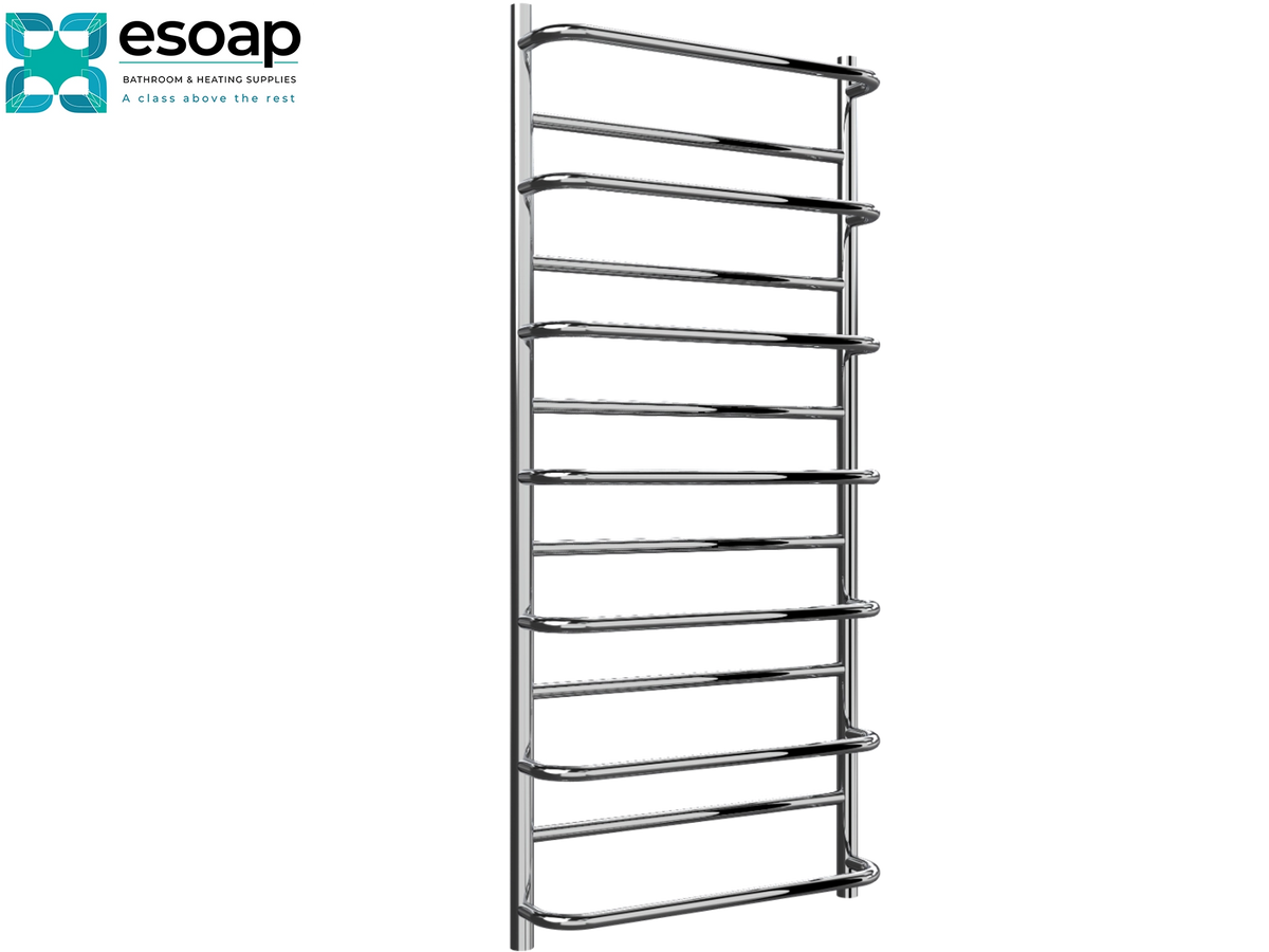A tall, modern wall-mounted chrome towel rail with multiple curved horizontal bars, shown on a plain white background with the Esoap logo in the top-left corner. Reina Belbo 1180x530 Polished Stainless Steel Designer Radiator