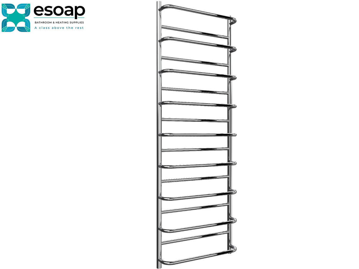 A tall, modern chrome towel rail with multiple horizontal bars, shown on a plain white background with the Esoap brand logo in the top-left corner. Reina Belbo 1540x530 Polished Stainless Steel Designer Radiator